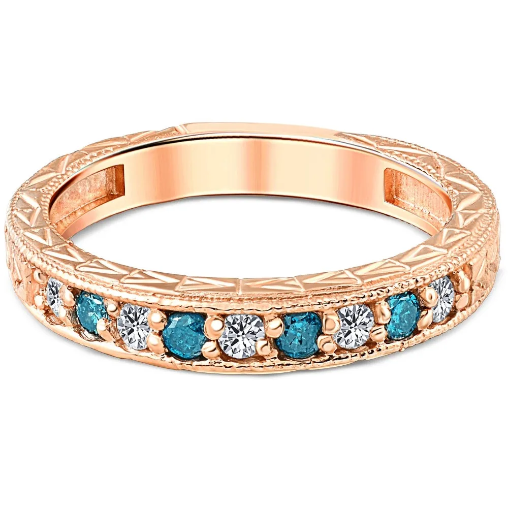 1/4CT Blue & White Diamond Vintage Wedding Anniversary Ring 14K Rose Gold