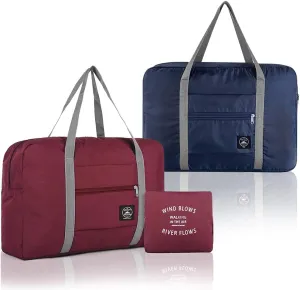 2 Pcs Foldable Travel Duffel Bags, Waterproof Lightweight Carry-on Bags, Suitable for Overnight, Holiday, Shopping, Weekends, Outing, Gym(Wine Red/Navy Blue)