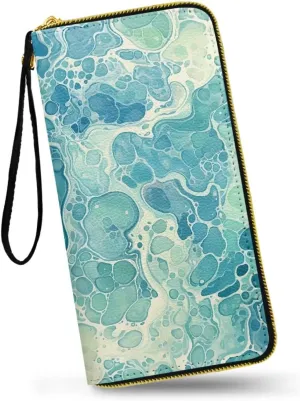 Aqua Green Fluid Shape Money Manager Zipper Long Wallet for Women, Water Bubble Pattern Credit Card Holder Clutch Long Ladies Billfold Purse with Wristlet