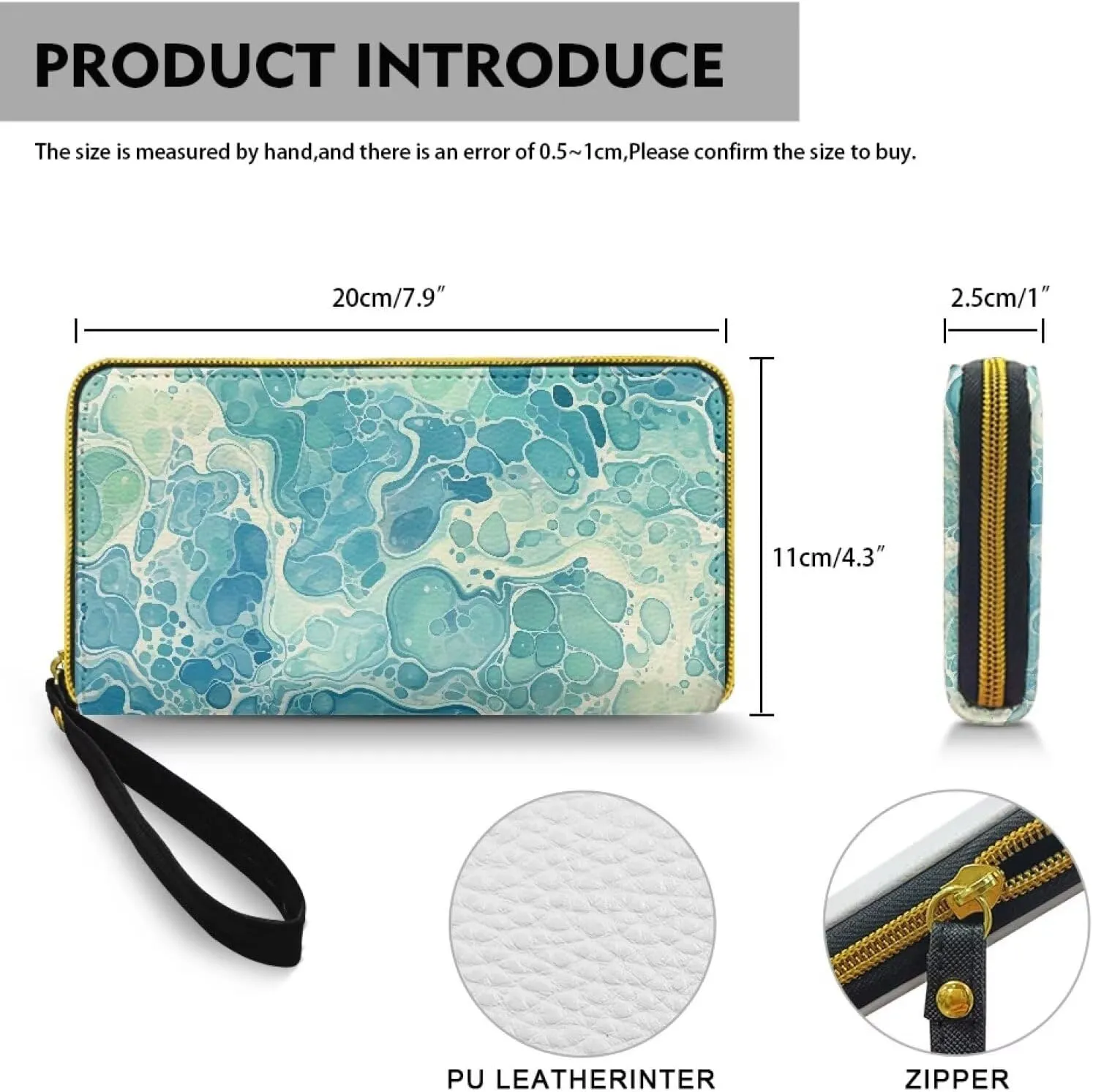 Aqua Green Fluid Shape Money Manager Zipper Long Wallet for Women, Water Bubble Pattern Credit Card Holder Clutch Long Ladies Billfold Purse with Wristlet