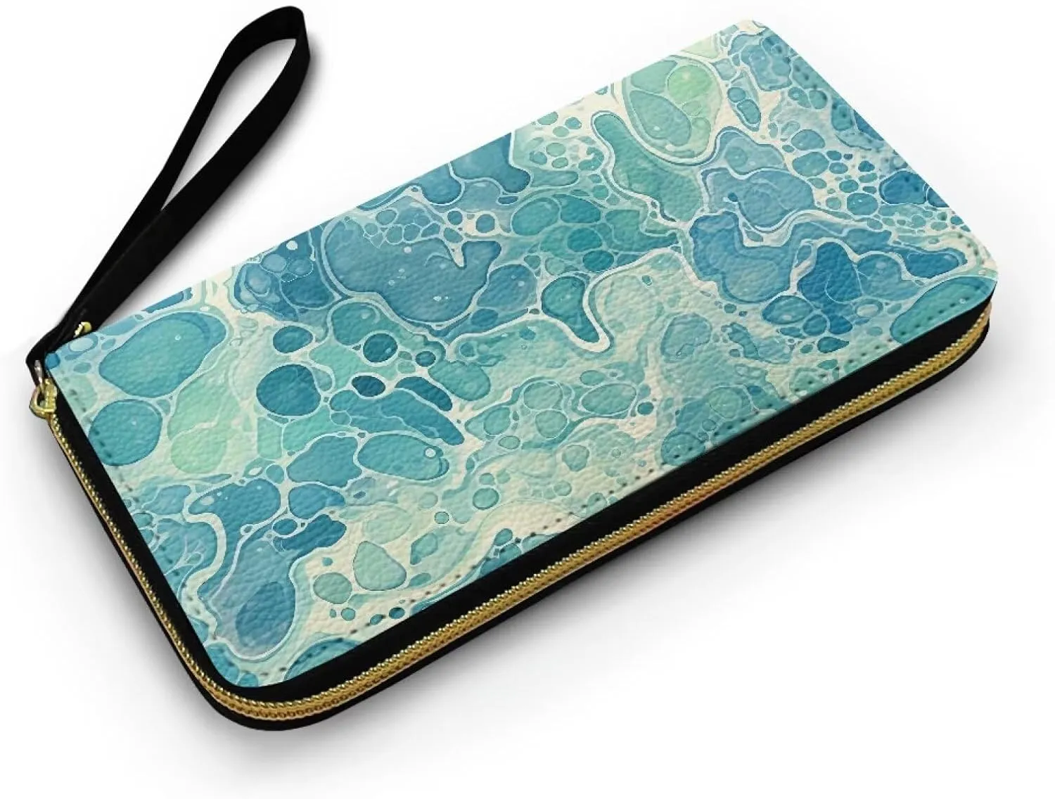 Aqua Green Fluid Shape Money Manager Zipper Long Wallet for Women, Water Bubble Pattern Credit Card Holder Clutch Long Ladies Billfold Purse with Wristlet