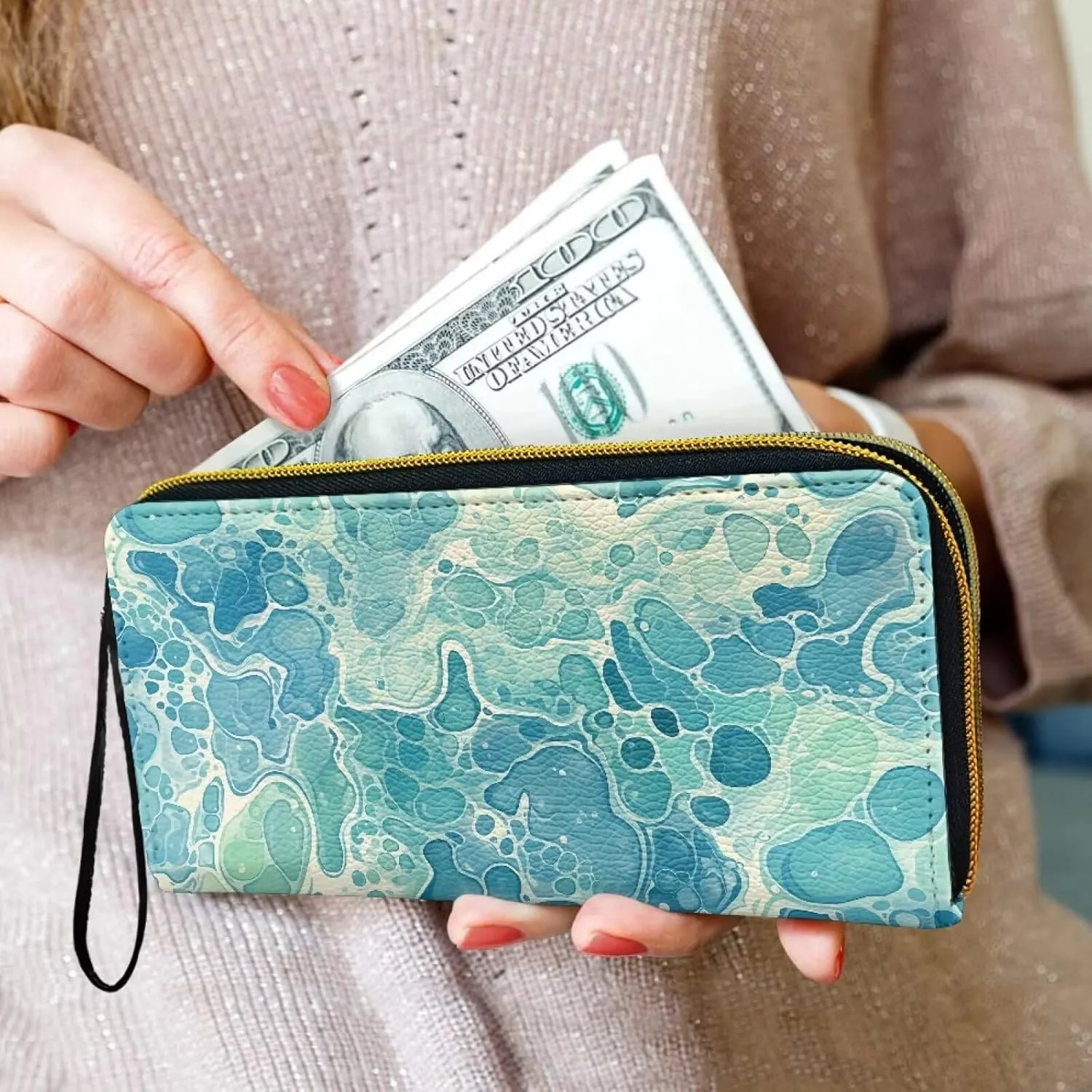 Aqua Green Fluid Shape Money Manager Zipper Long Wallet for Women, Water Bubble Pattern Credit Card Holder Clutch Long Ladies Billfold Purse with Wristlet