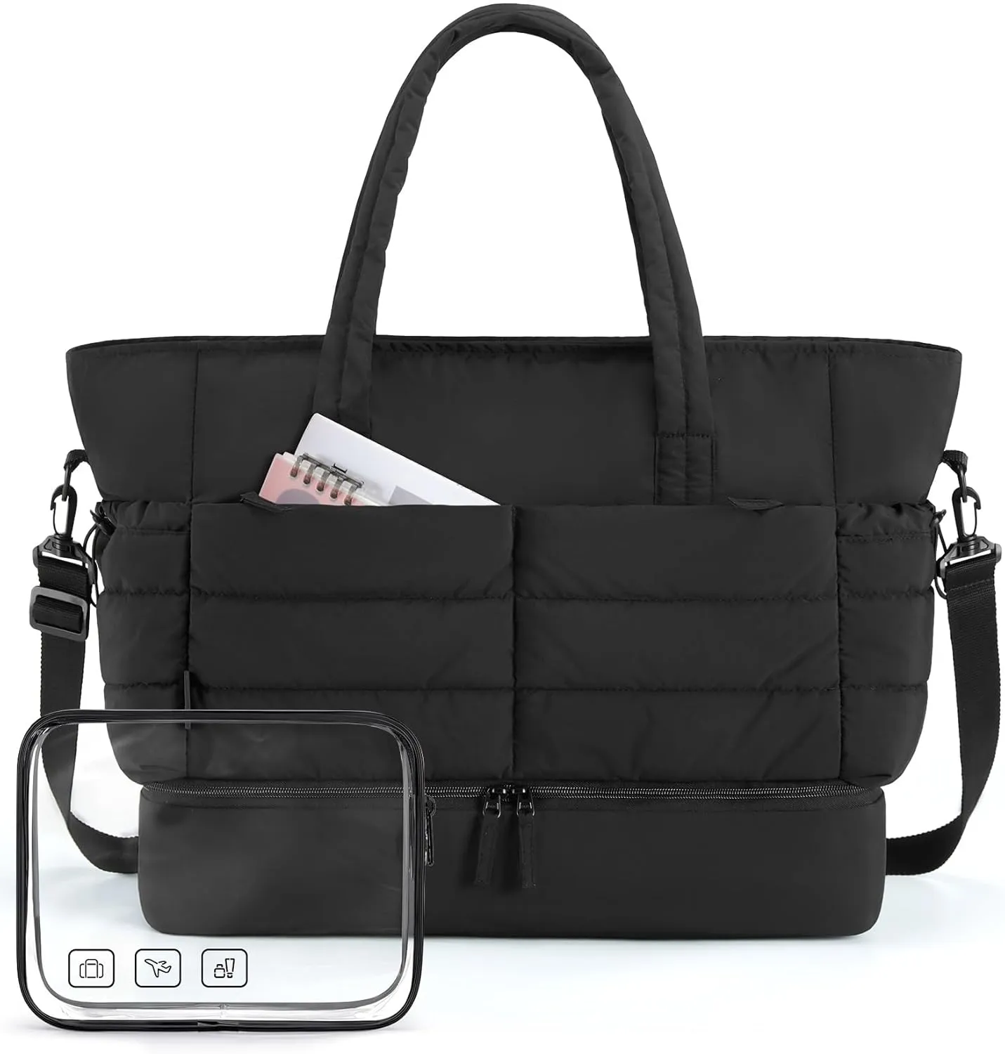BAGSMART Large Travel Duffel Bag with Shoe Compartment, Puffer Carry-On Gym Weekender Bag for Women, Charcoal