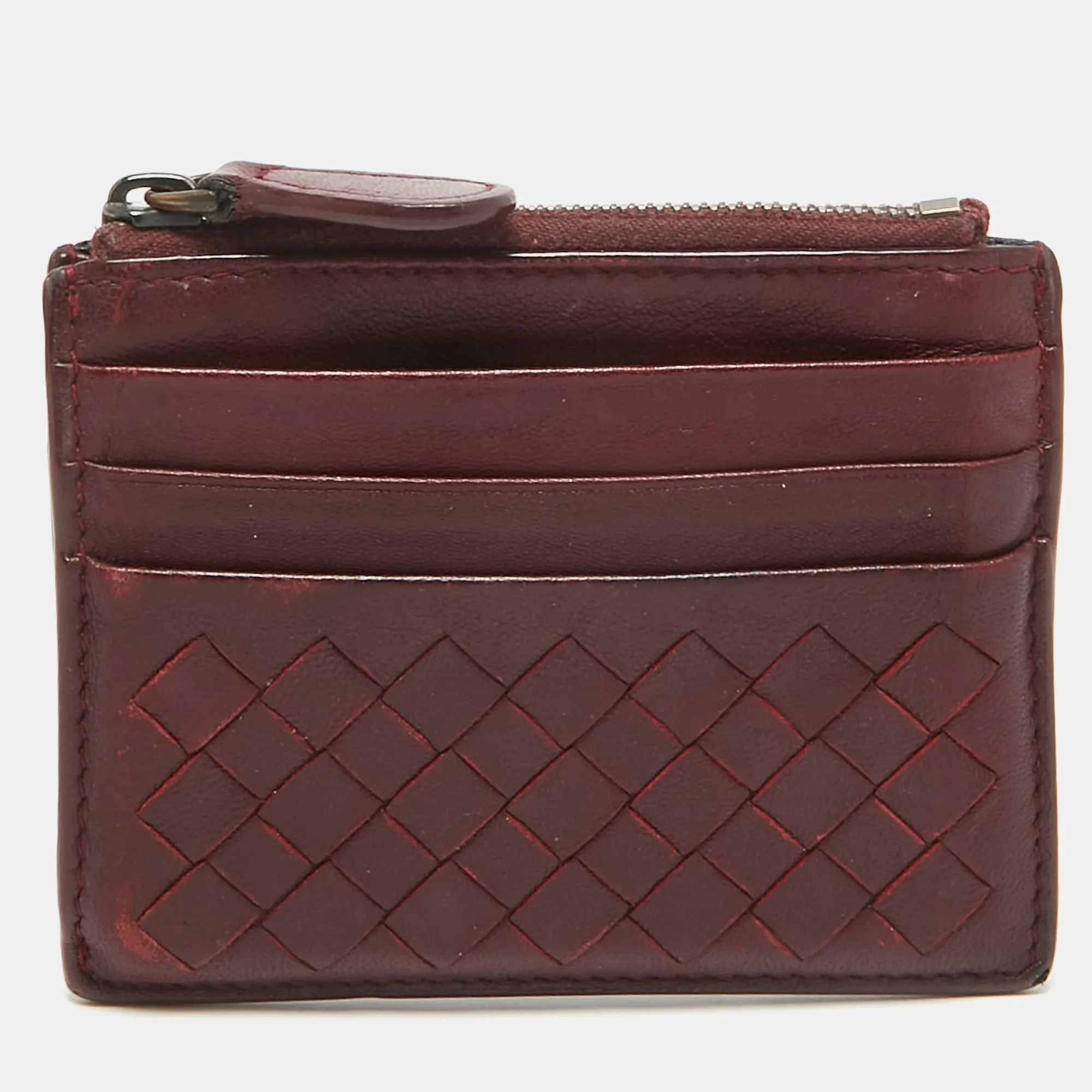 Bottega Veneta Burgundy Intrecciato Leather Zip Card Holder