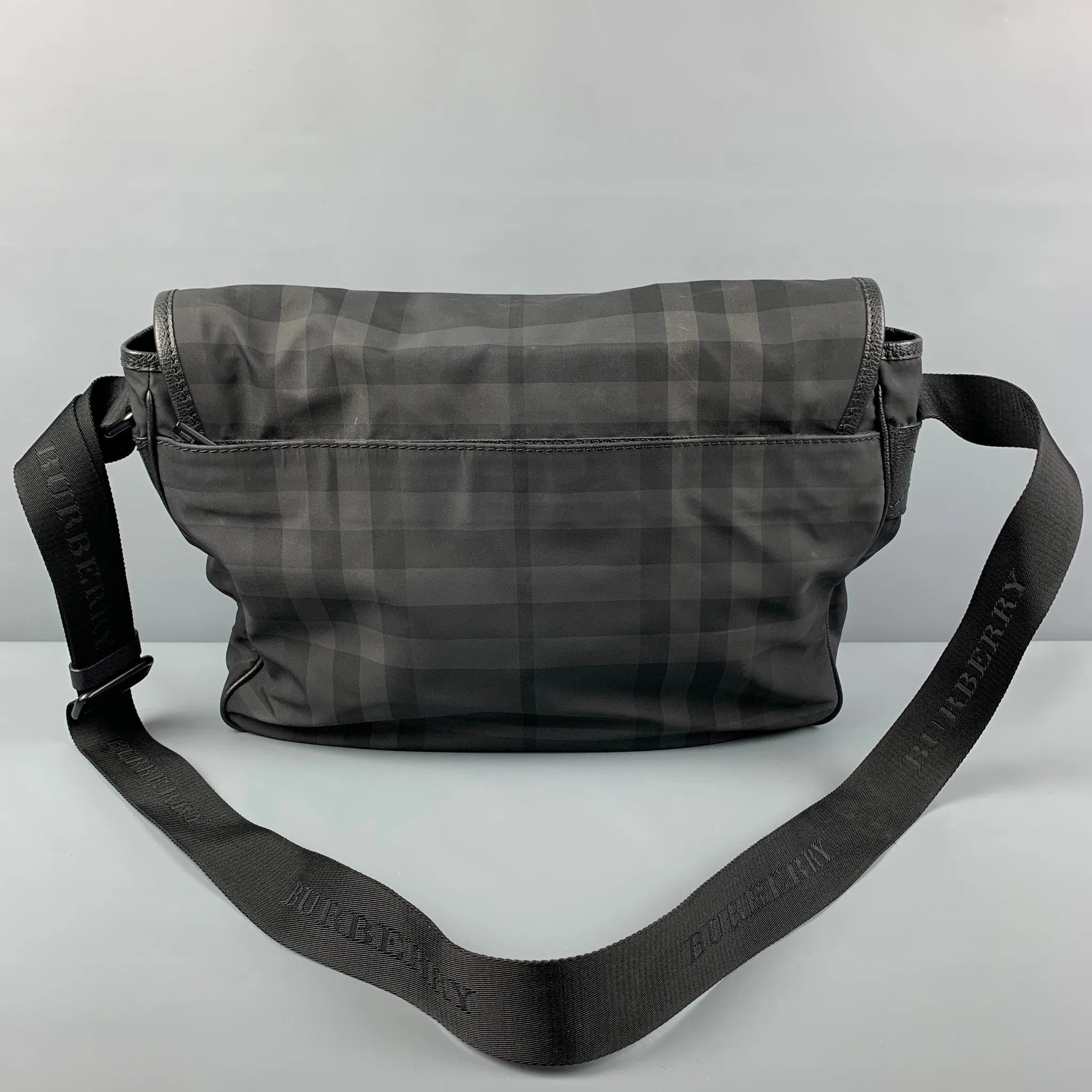 BURBERRY Black Grey Plaid Nylon Messenger Bag