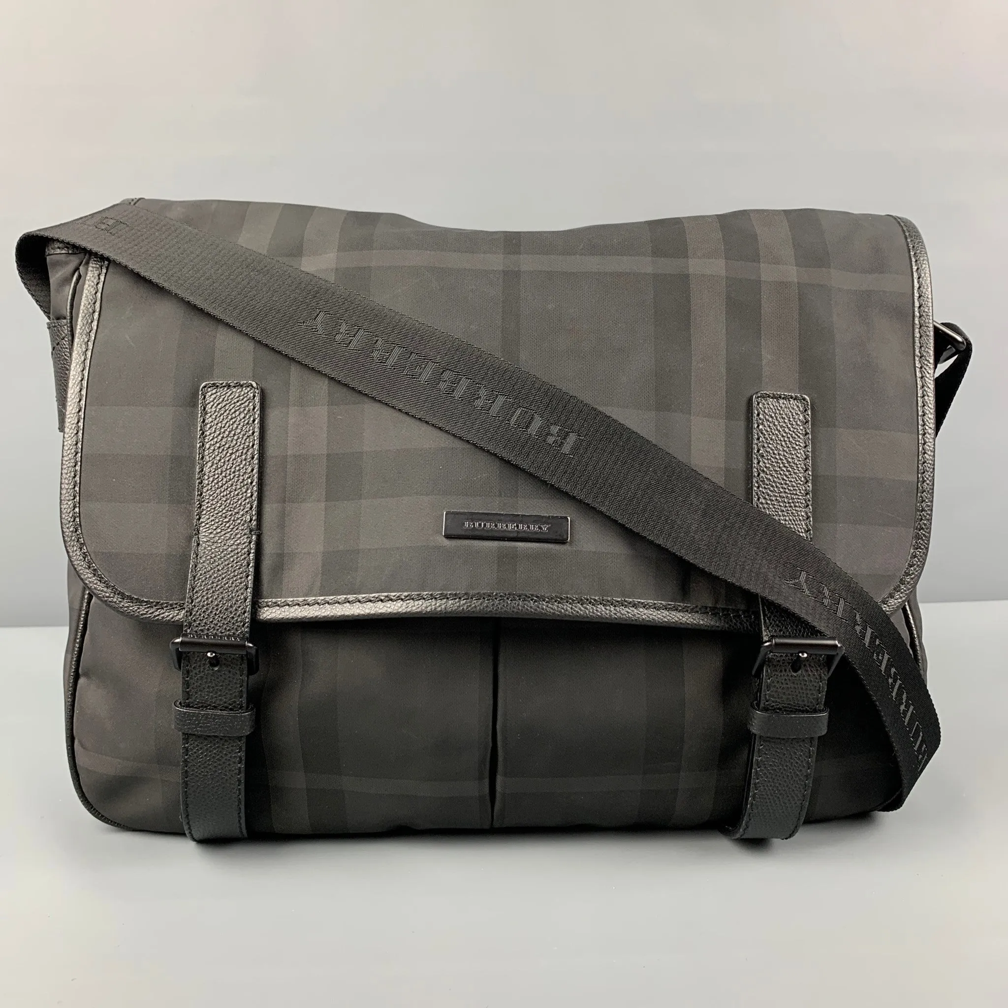 BURBERRY Black Grey Plaid Nylon Messenger Bag