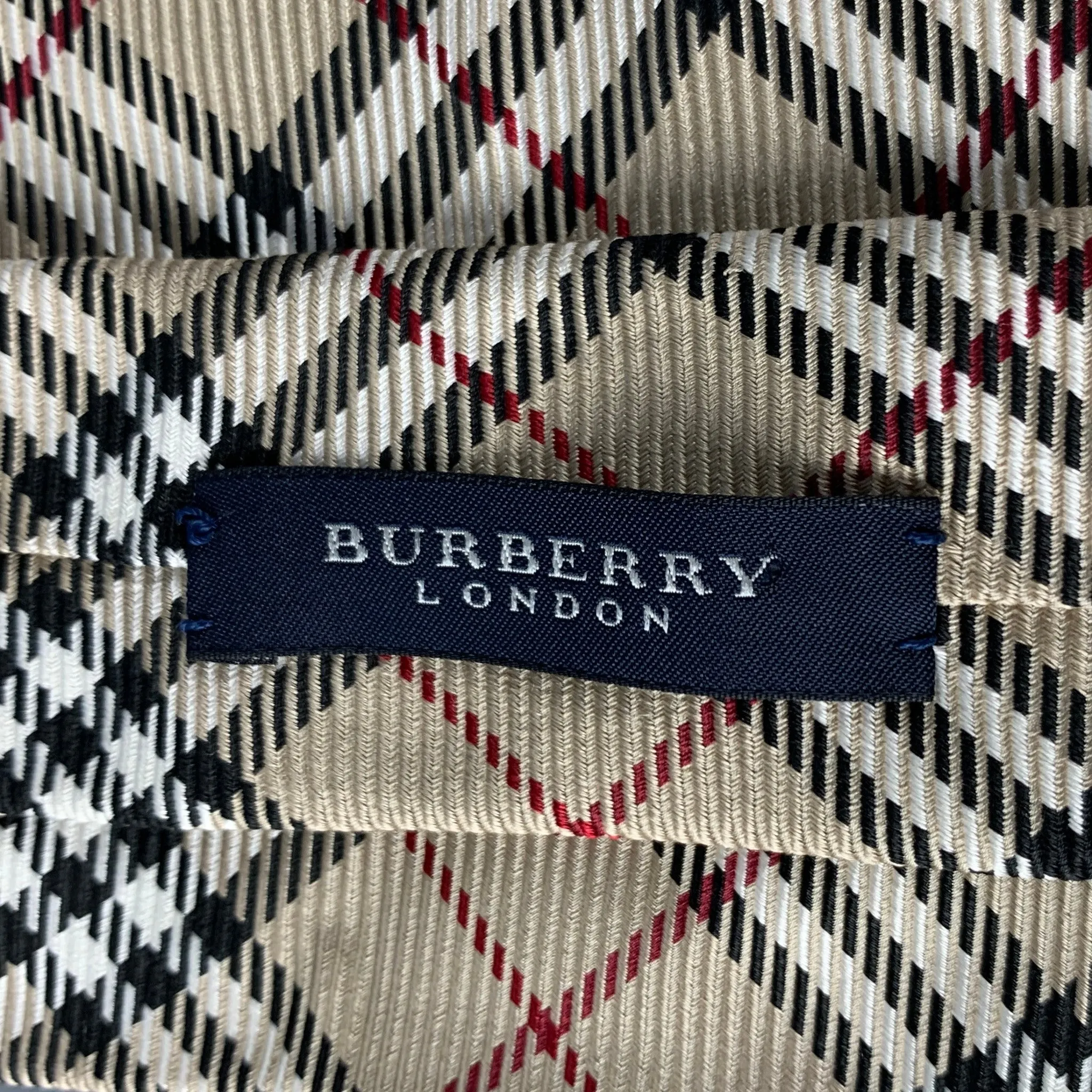 BURBERRY LONDON Beige Black & White Plaid Silk Tie