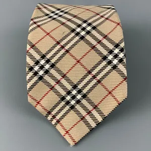 BURBERRY LONDON Beige Black & White Plaid Silk Tie