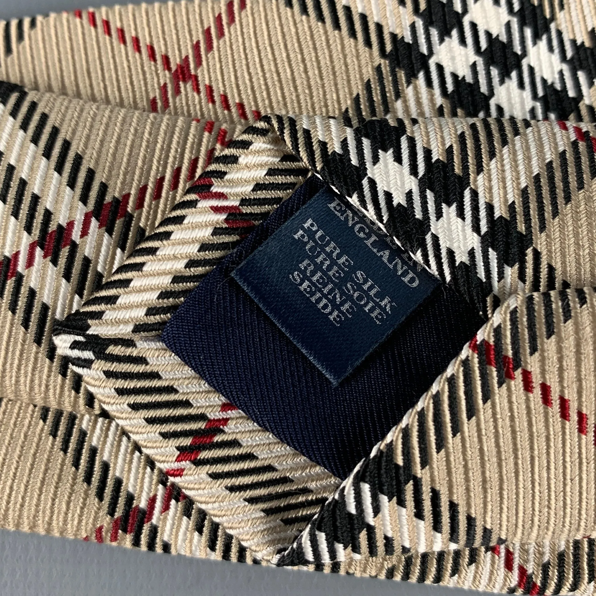 BURBERRY LONDON Beige Black & White Plaid Silk Tie