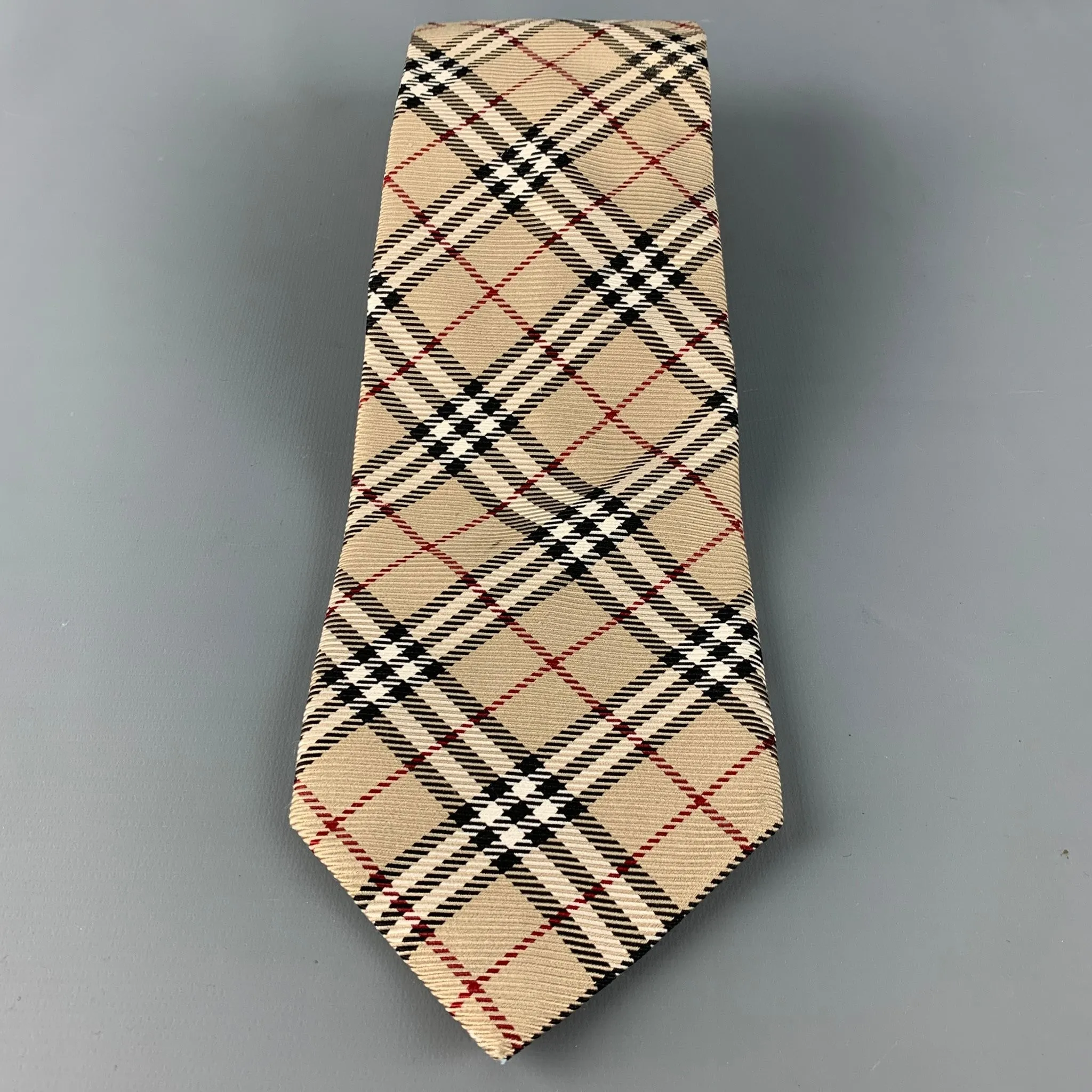 BURBERRY LONDON Beige Black & White Plaid Silk Tie