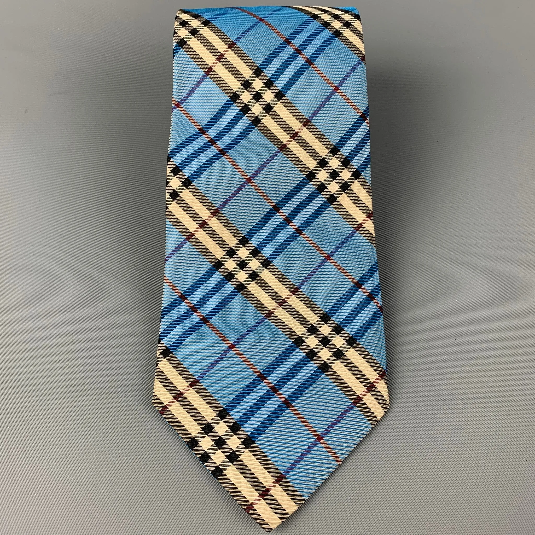 BURBERRY LONDON Light Blue Black White Plaid Silk Tie