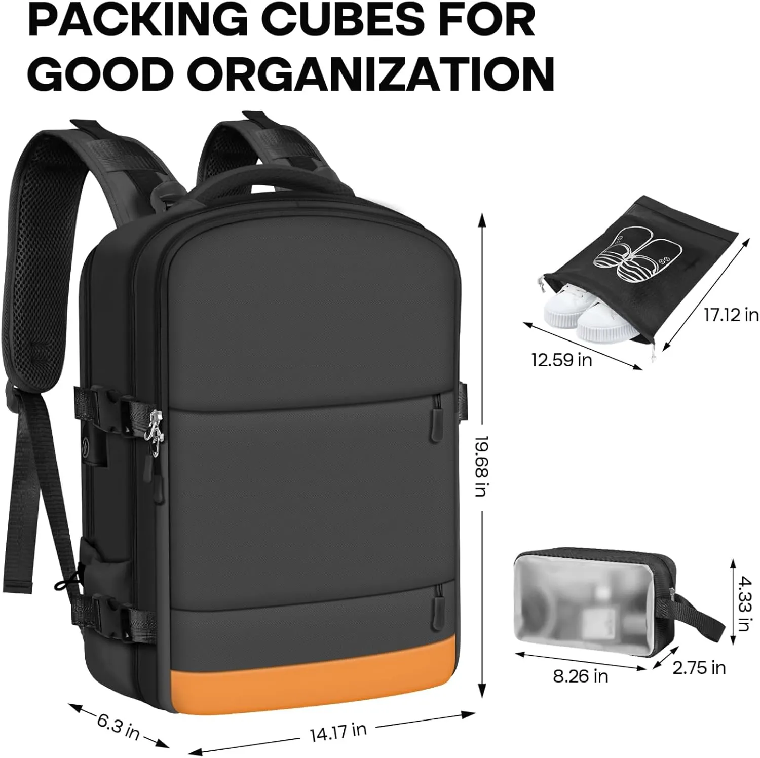 Carry on Backpack,Extra Large Travel Backpack for Men & Women,With USB Charging Port,Includes Toiletry Bag and Shoe Pouch