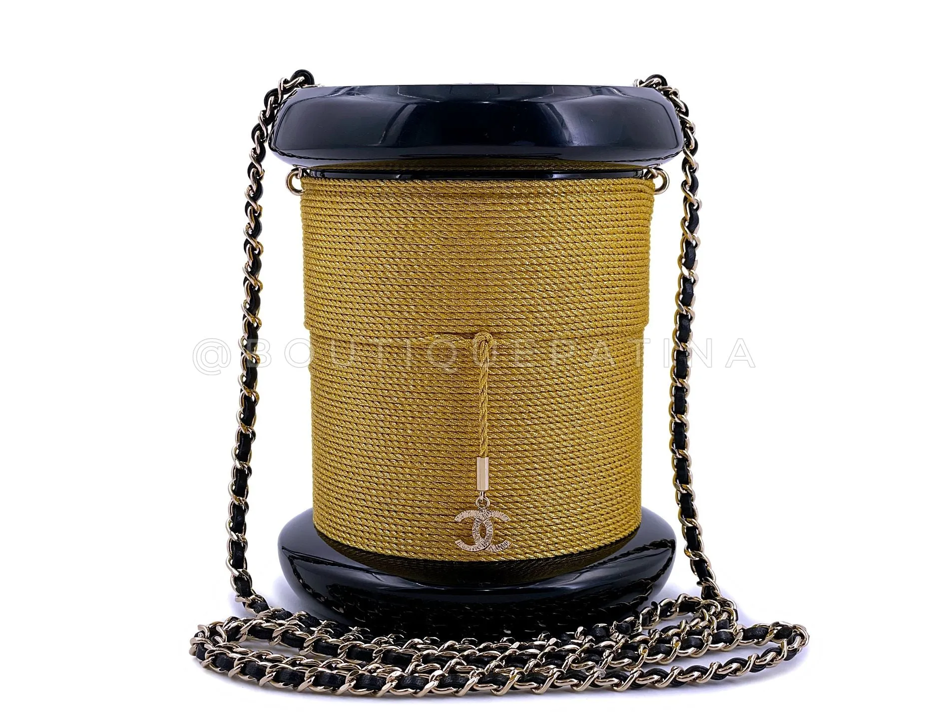 Chanel 2017 Plexiglass Bobbin Minaudière Black Gold "Spool" Evening Clutch Bag 5CG