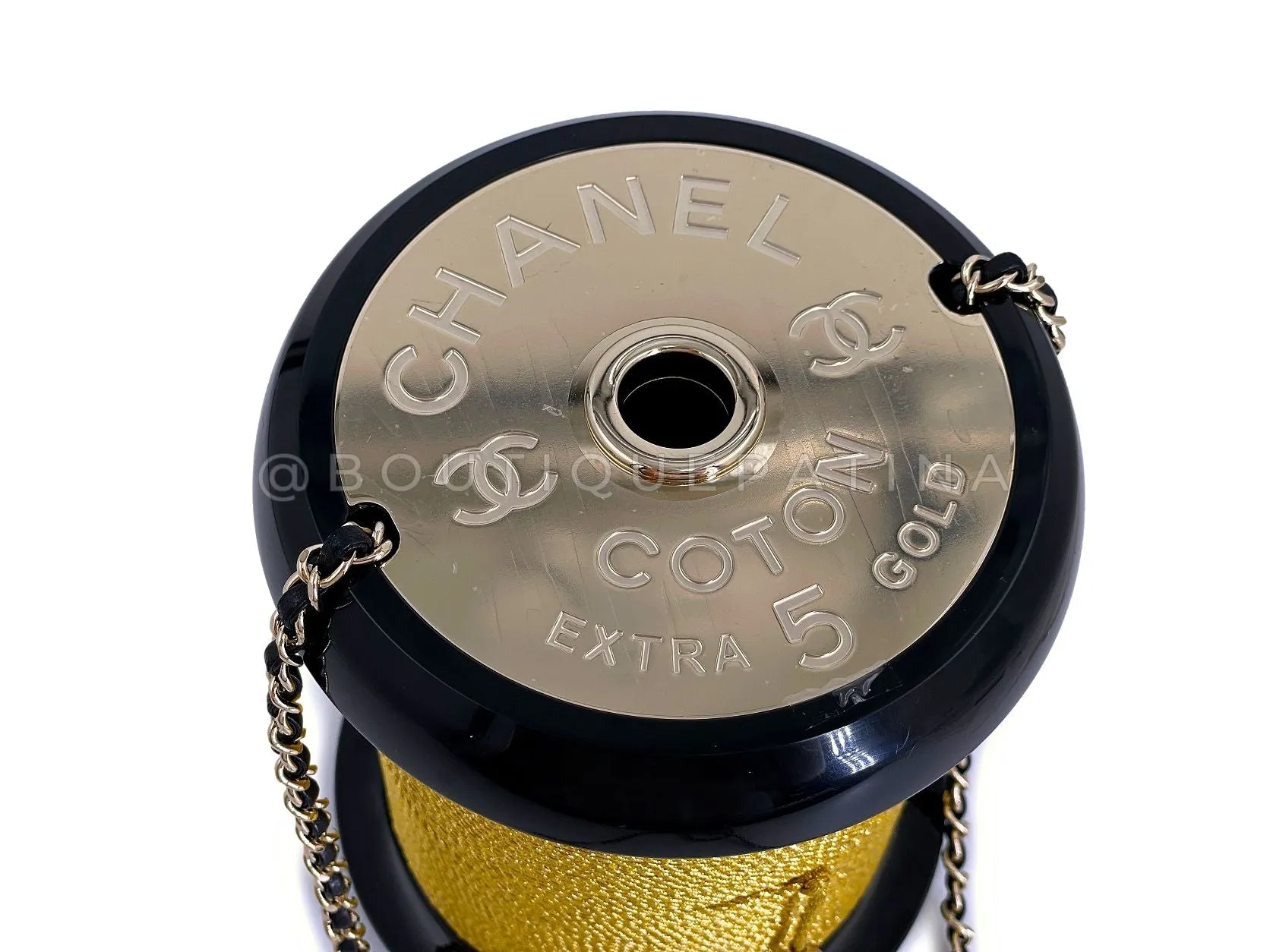 Chanel 2017 Plexiglass Bobbin Minaudière Black Gold "Spool" Evening Clutch Bag 5CG