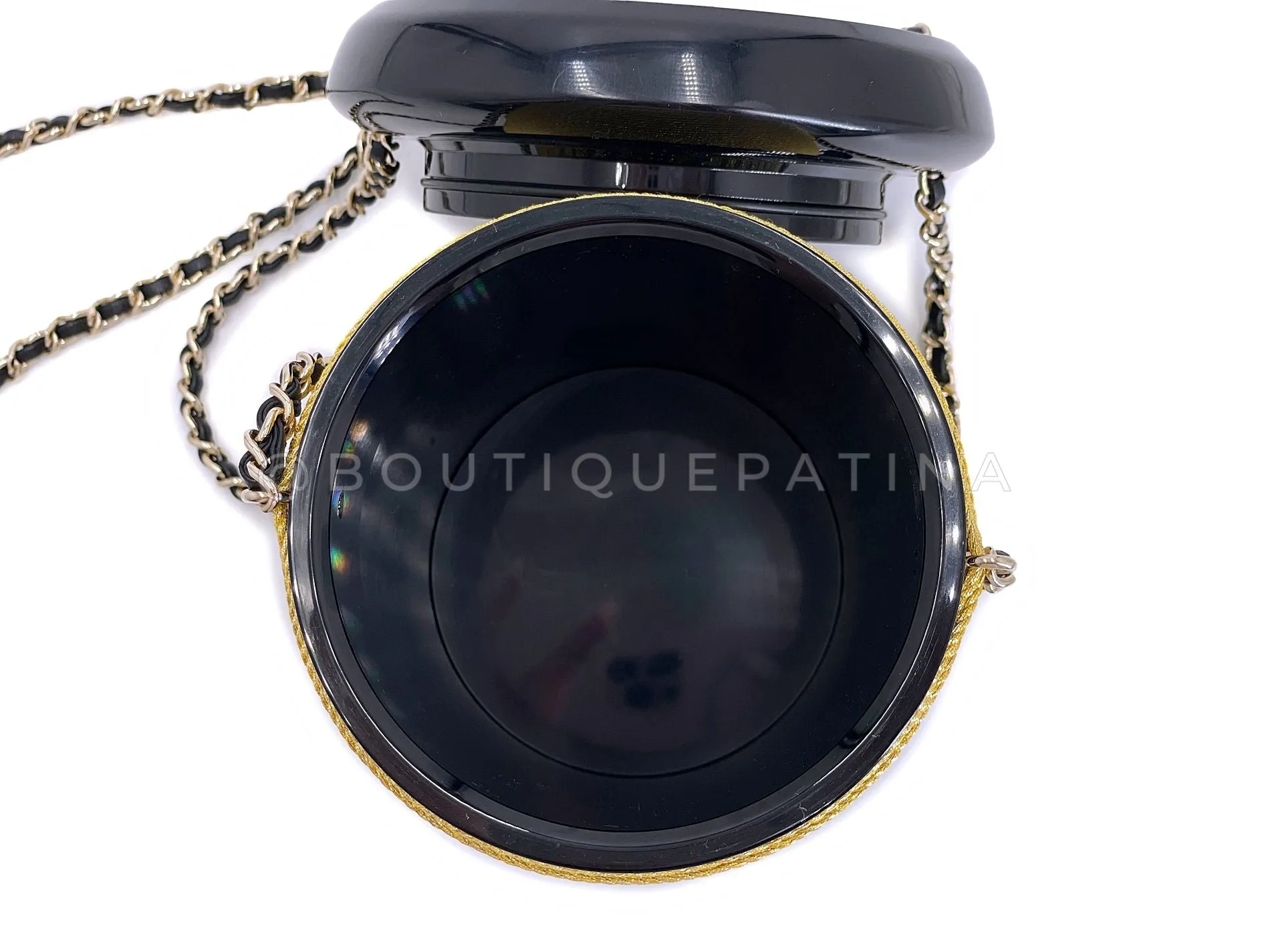 Chanel 2017 Plexiglass Bobbin Minaudière Black Gold "Spool" Evening Clutch Bag 5CG