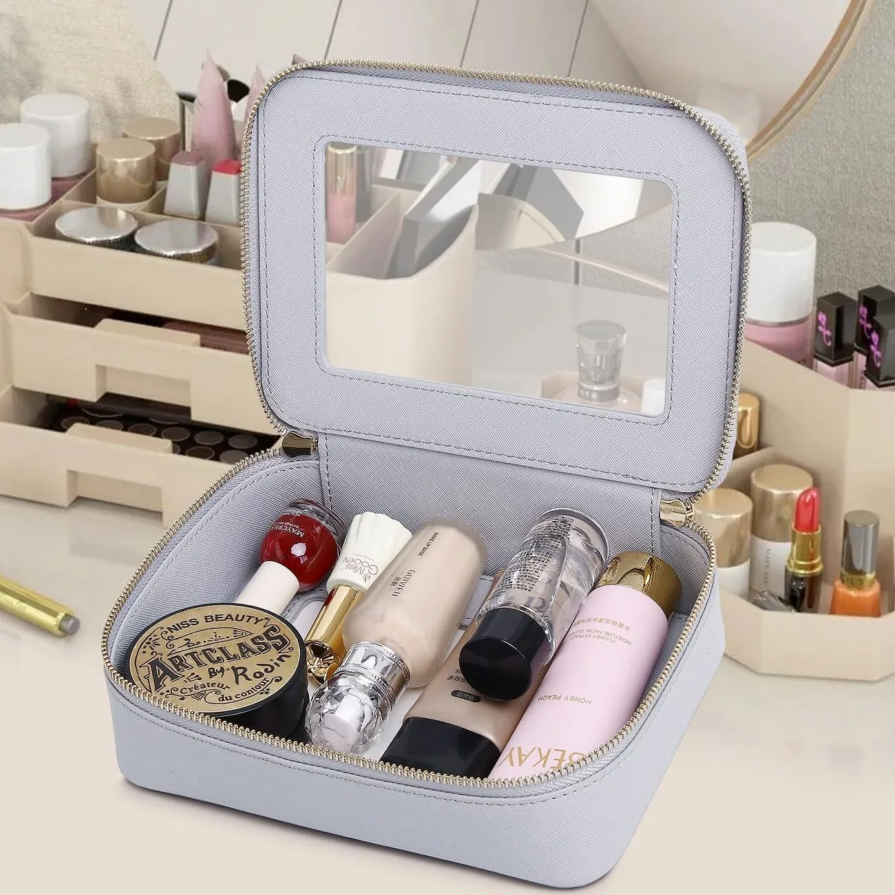 Clear Makeup Bag Waterproof Travel Case for Cosmetics and Toiletries Women's Purse Organizer and Clear Car Bag with Zipper (Gray, L M MINI)