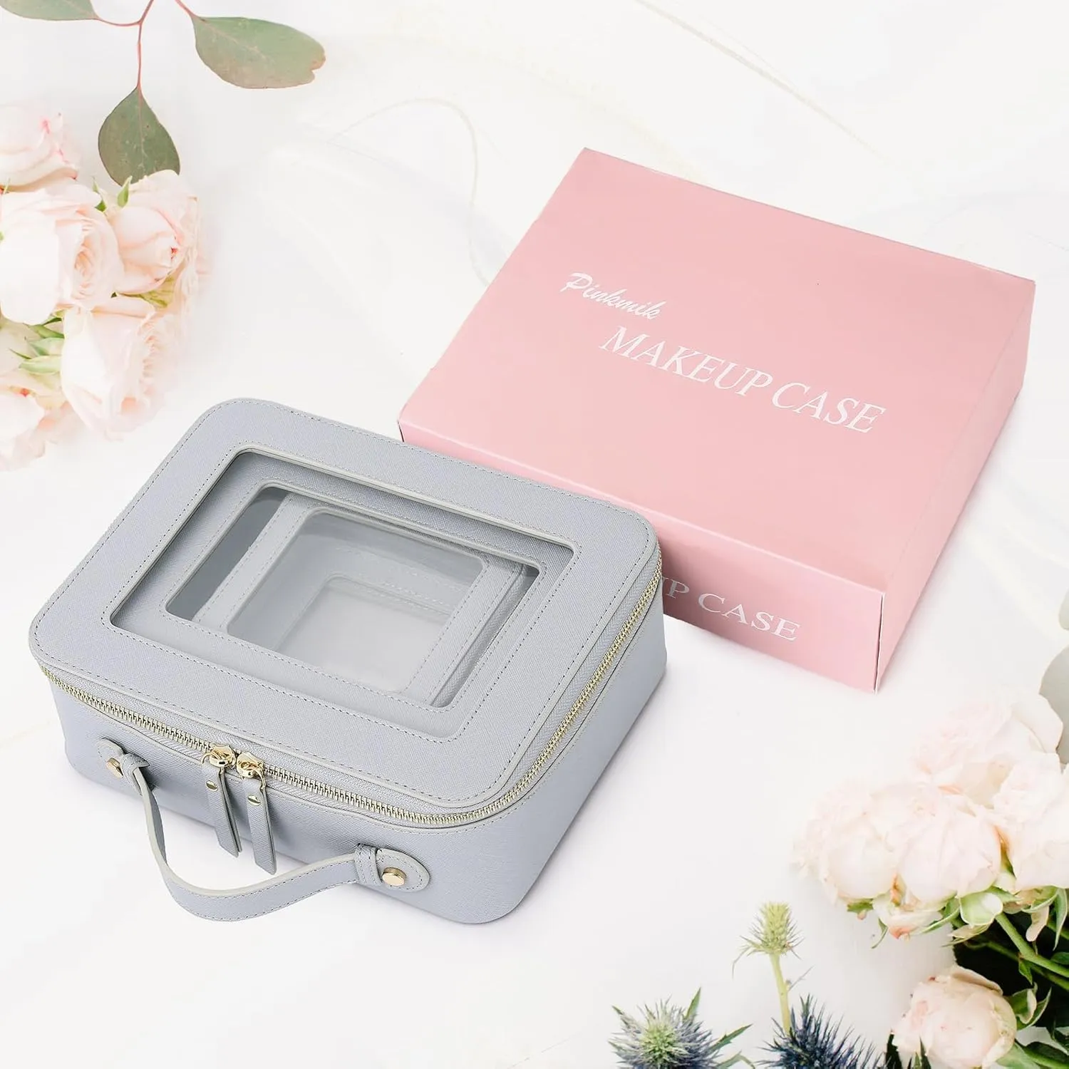 Clear Makeup Bag Waterproof Travel Case for Cosmetics and Toiletries Women's Purse Organizer and Clear Car Bag with Zipper (Gray, L M MINI)