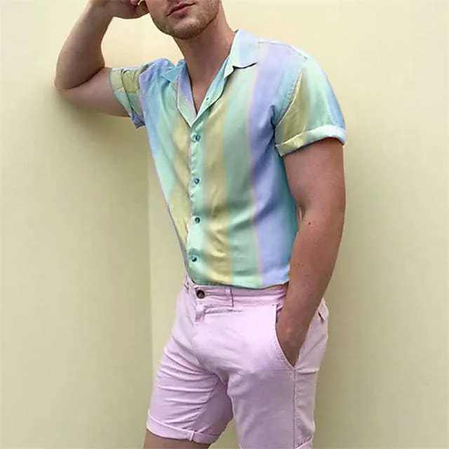 Collared Short Sleeves Rainbow 3D Printed Shirt