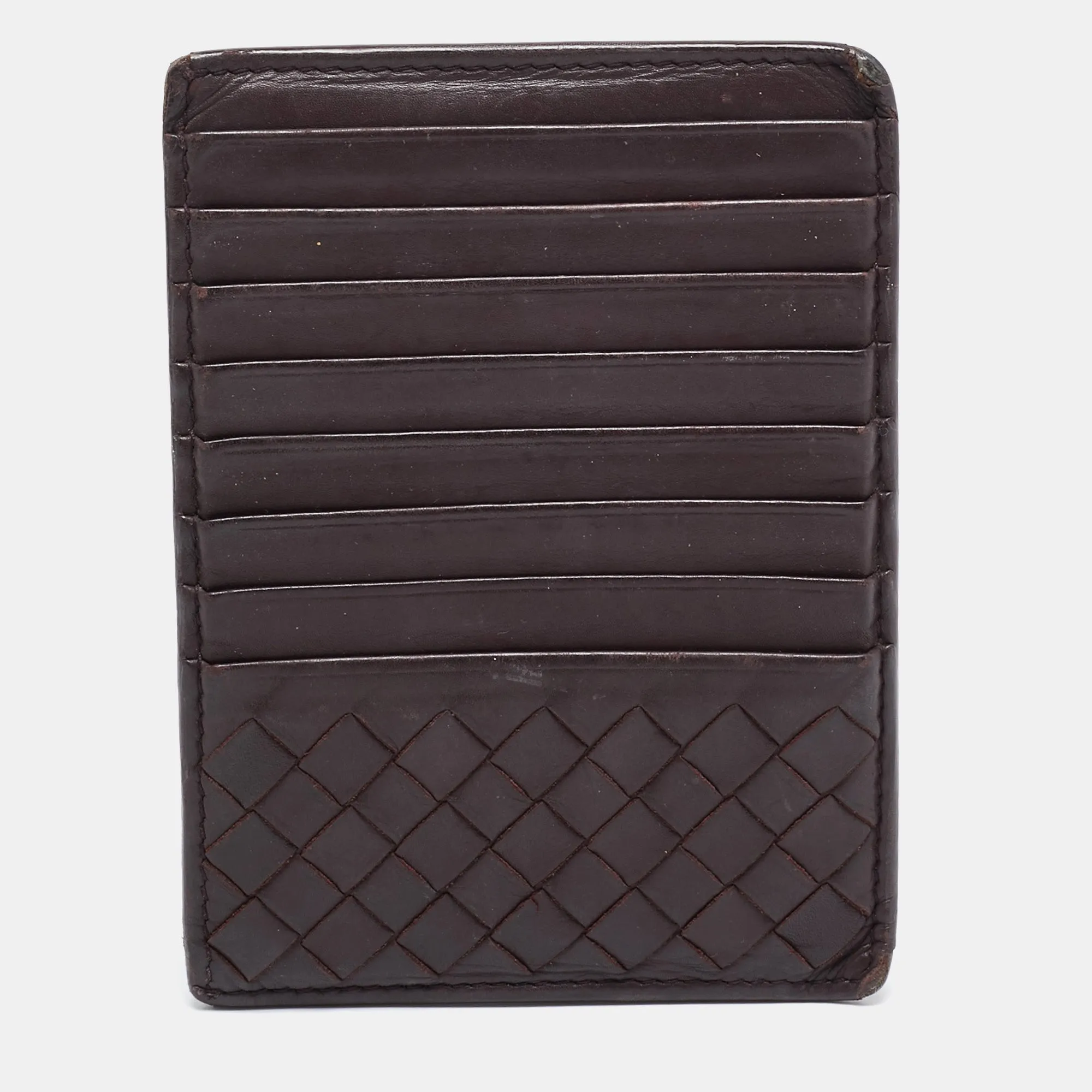 Dark Burgundy Intrecciato Leather Zip Card Holder
