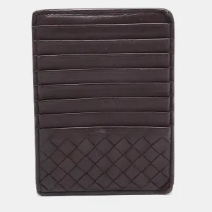 Dark Burgundy Intrecciato Leather Zip Card Holder