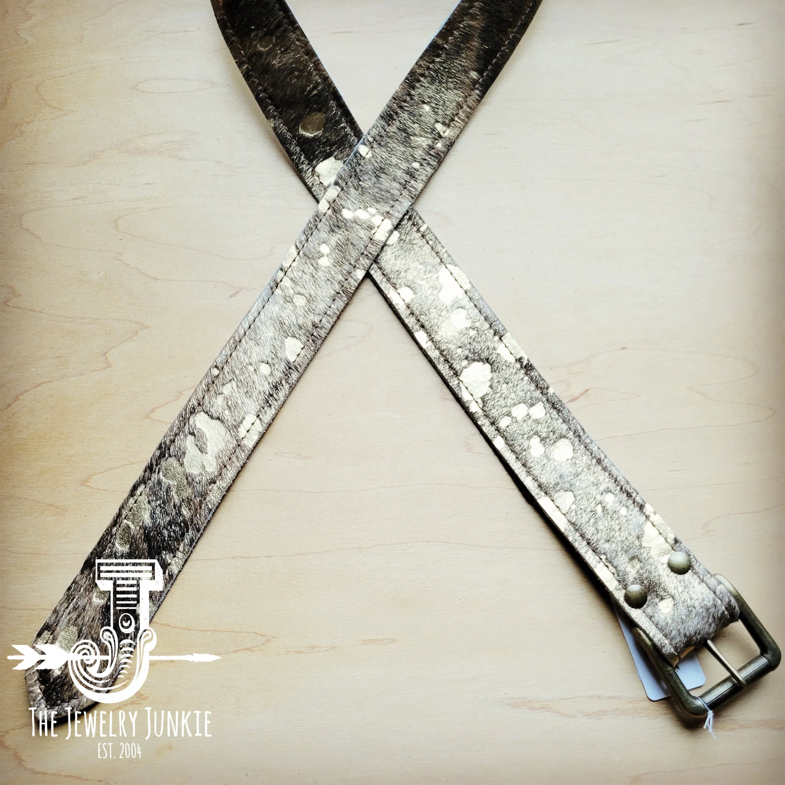 **Dark Mixed Metallic Hair on Hide Leather Belt 906u
