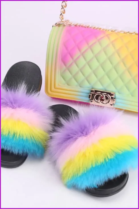 Faux Fake Fur Slides #3 & Candy Bag Set G