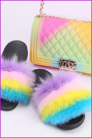 Faux Fake Fur Slides #3 & Candy Bag Set G
