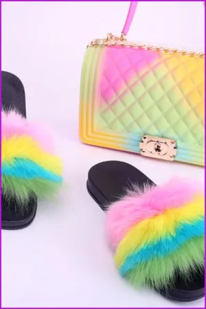 Faux Fake Fur Slides #5 & Candy Bag Set F