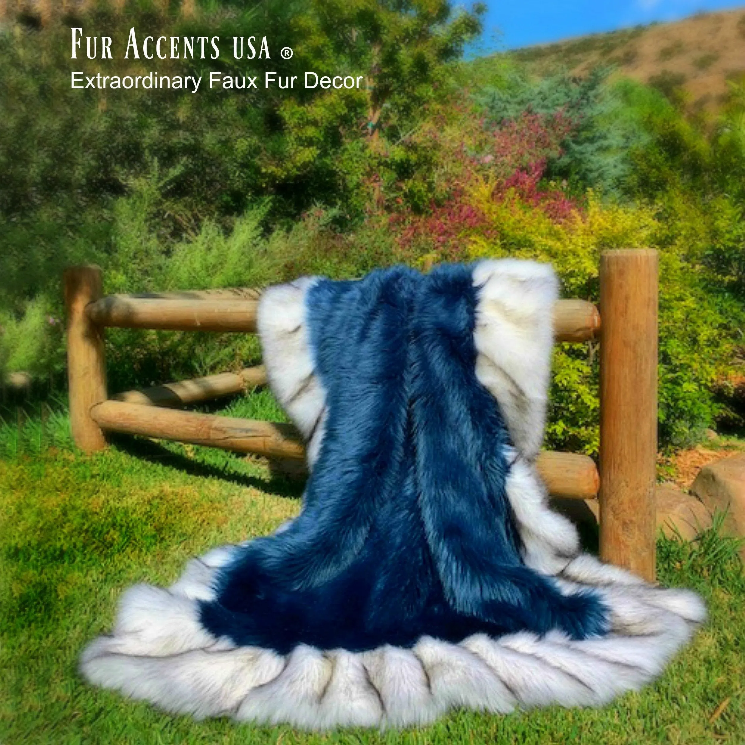 Faux Fur Throw Blanket - Area Rug - Bed Spread - Cobalt Blue Shag - Exotic Gray Wolf Border Trim - Lining - Hand Made in America by Fur Accents - USA
