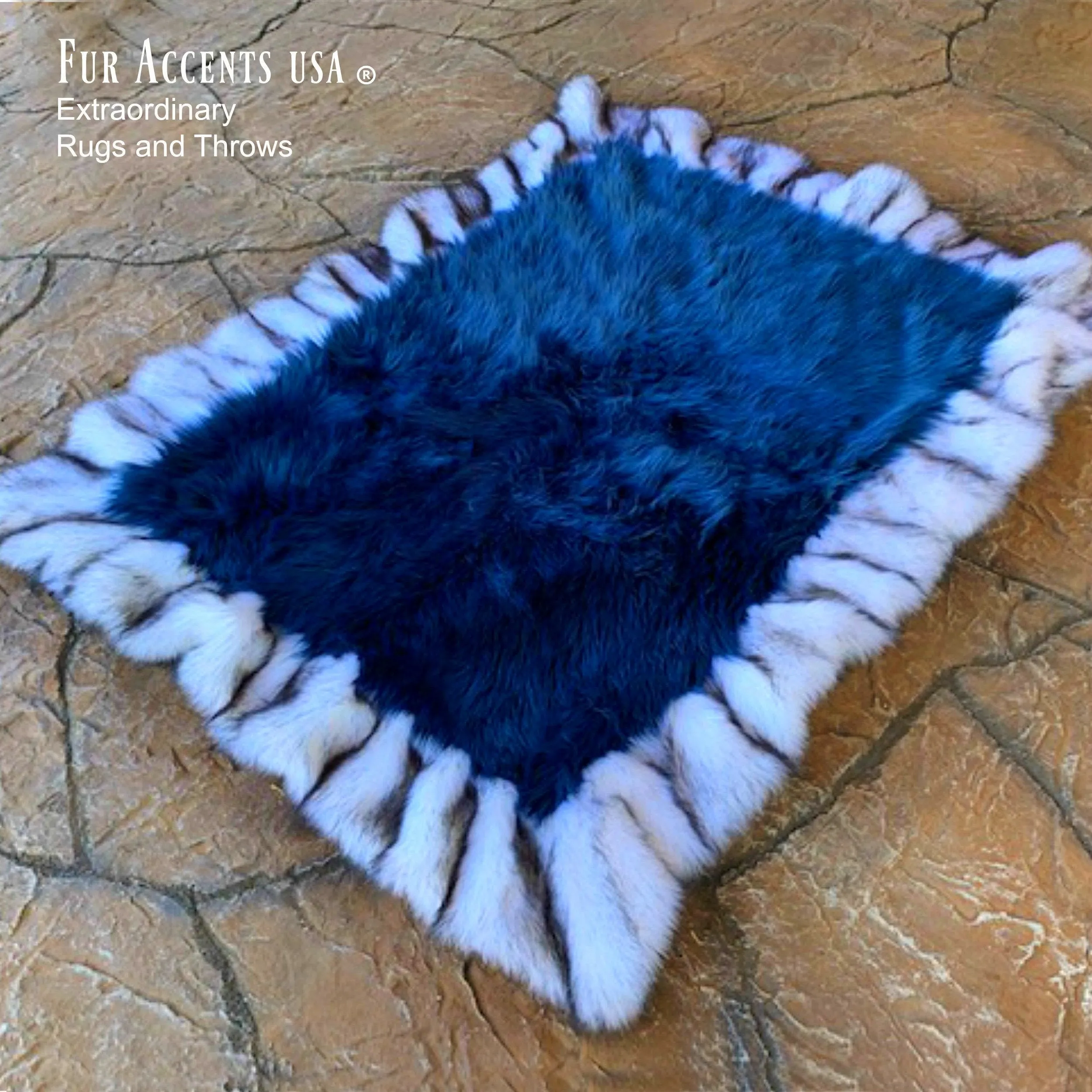 Faux Fur Throw Blanket - Area Rug - Bed Spread - Cobalt Blue Shag - Exotic Gray Wolf Border Trim - Lining - Hand Made in America by Fur Accents - USA