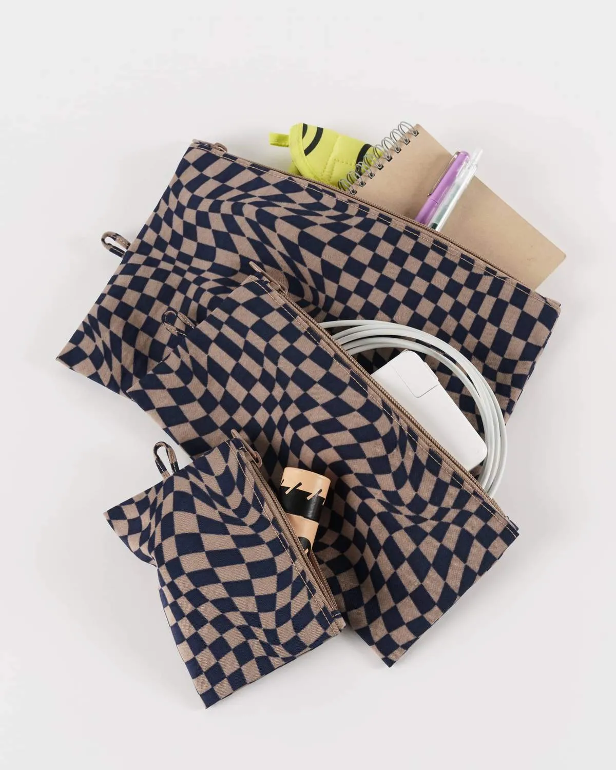 Flat Pouch Set- Indigo Trippy Checker