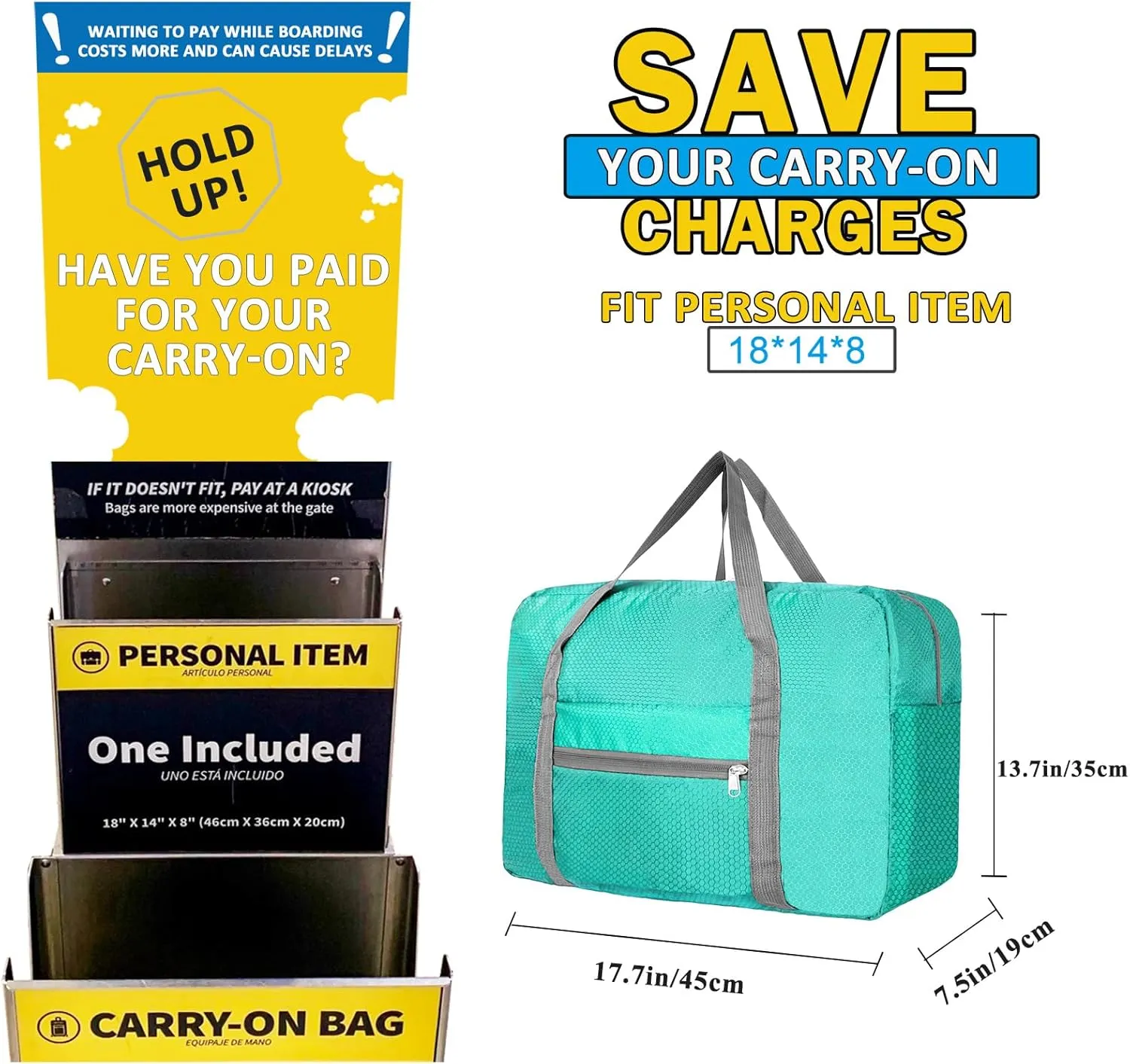 For Spirit Airlines Personal Item Bag 18x14x8 Foldable Carry on Bags for Airplanes Travel Duffel Bags for Women and Men