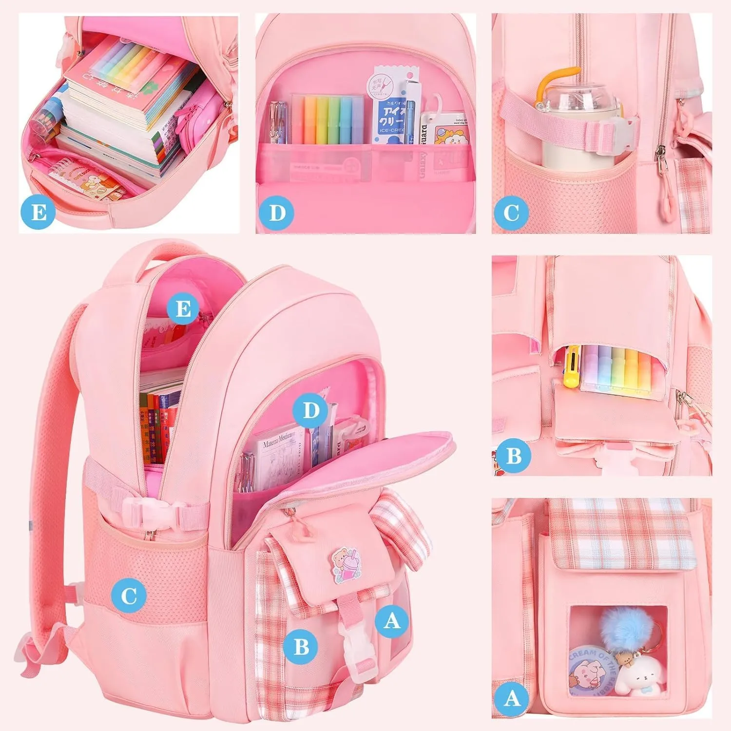 Girls Backpack - 3PCS Backpack with Lunch Box & Pencil Case for Girls, Cute Backpack Set for Elementary School Large Capacity Bookbag Travel Bag (Purple 1, Ages 7-12)