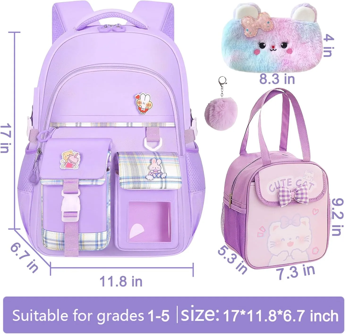 Girls Backpack - 3PCS Backpack with Lunch Box & Pencil Case for Girls, Cute Backpack Set for Elementary School Large Capacity Bookbag Travel Bag (Purple 1, Ages 7-12)