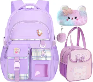 Girls Backpack - 3PCS Backpack with Lunch Box & Pencil Case for Girls, Cute Backpack Set for Elementary School Large Capacity Bookbag Travel Bag (Purple 1, Ages 7-12)