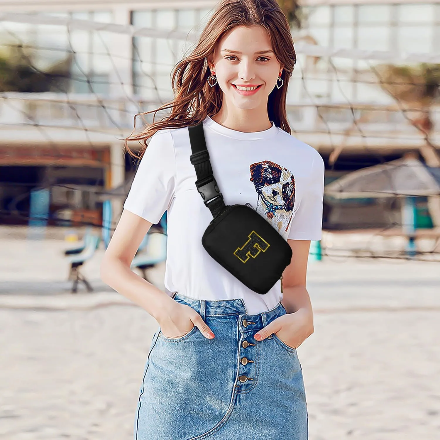 Gitus Belt Bag Fanny Pack Crossbody Bags with Initial Letter Patch Gifts for Wife Older Women Mother Coworker Bridesmaid Anniversary Travel Gifts Beach Gifts (Black-F)