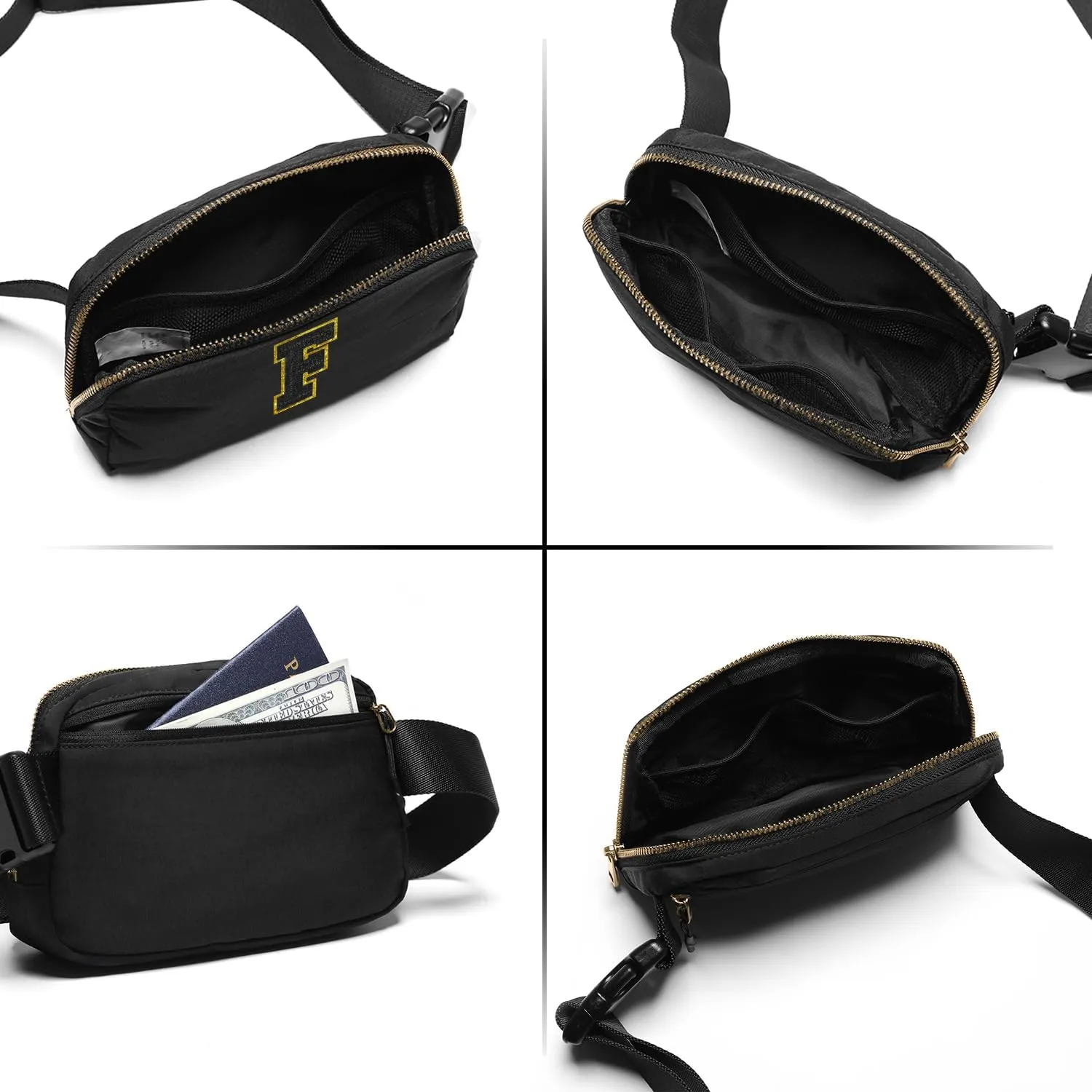 Gitus Belt Bag Fanny Pack Crossbody Bags with Initial Letter Patch Gifts for Wife Older Women Mother Coworker Bridesmaid Anniversary Travel Gifts Beach Gifts (Black-F)