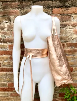 GOLDEN PINK leather tote bag   wrap belt. GENUINE leather bag   belt set. Leather shopper bag. Metallic shine leather pink purse   waistbelt