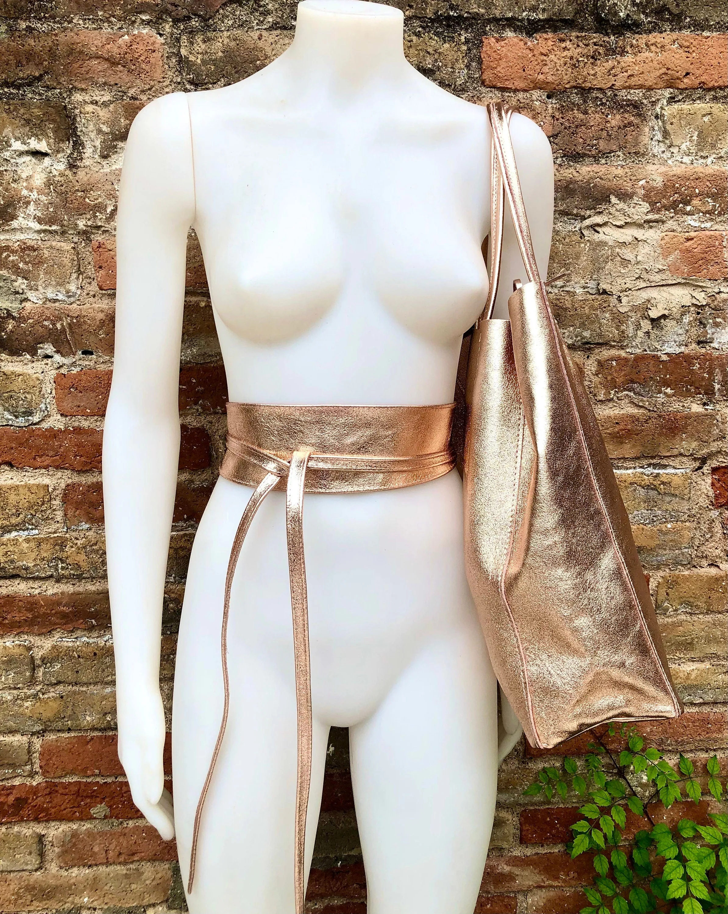 GOLDEN PINK leather tote bag   wrap belt. GENUINE leather bag   belt set. Leather shopper bag. Metallic shine leather pink purse   waistbelt