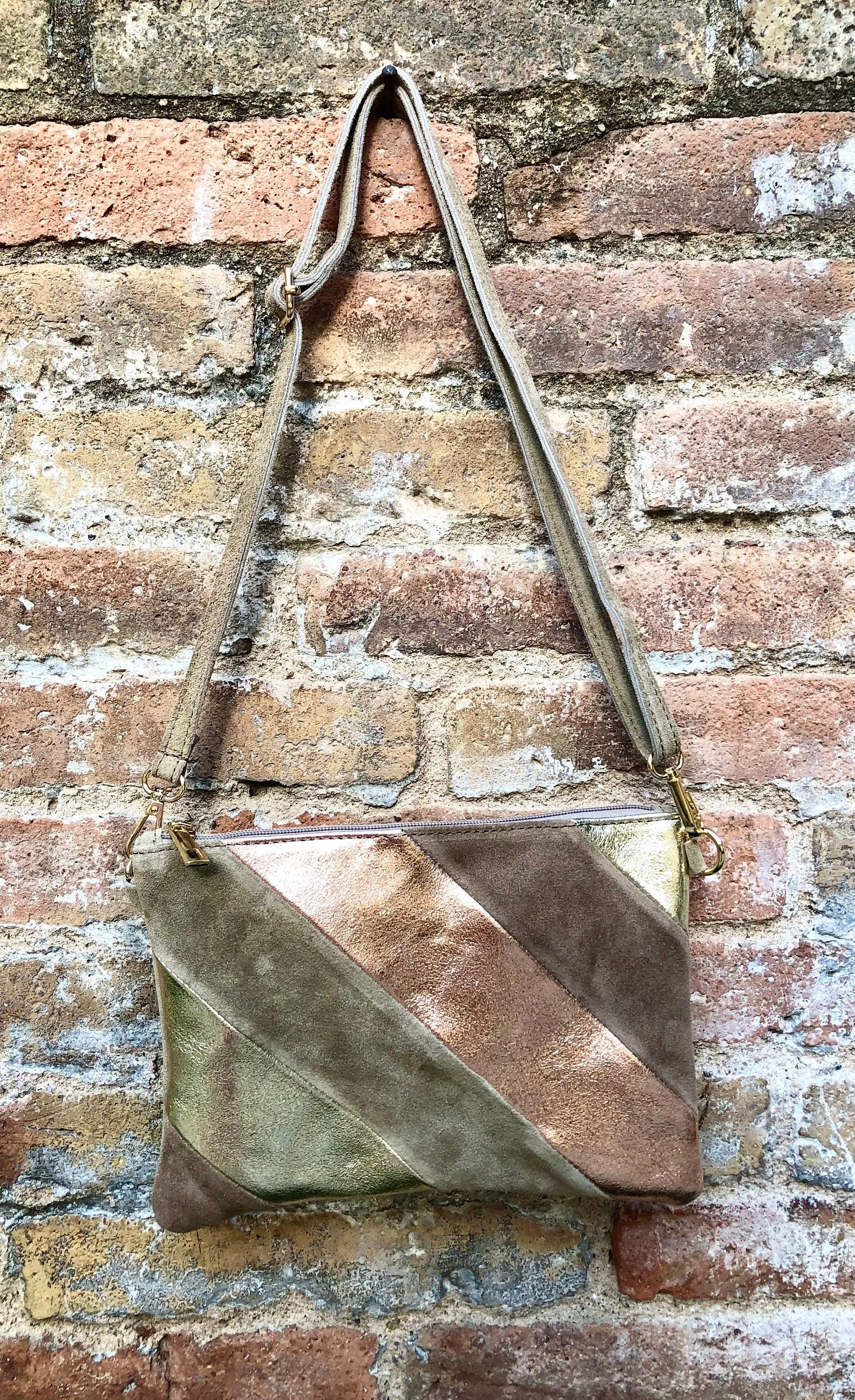 Leather bag and wrap belt set in metallic shine leather.Gold, beige  and pink crosbody or shoulder bag   obi waist belt. Disco 70s purse