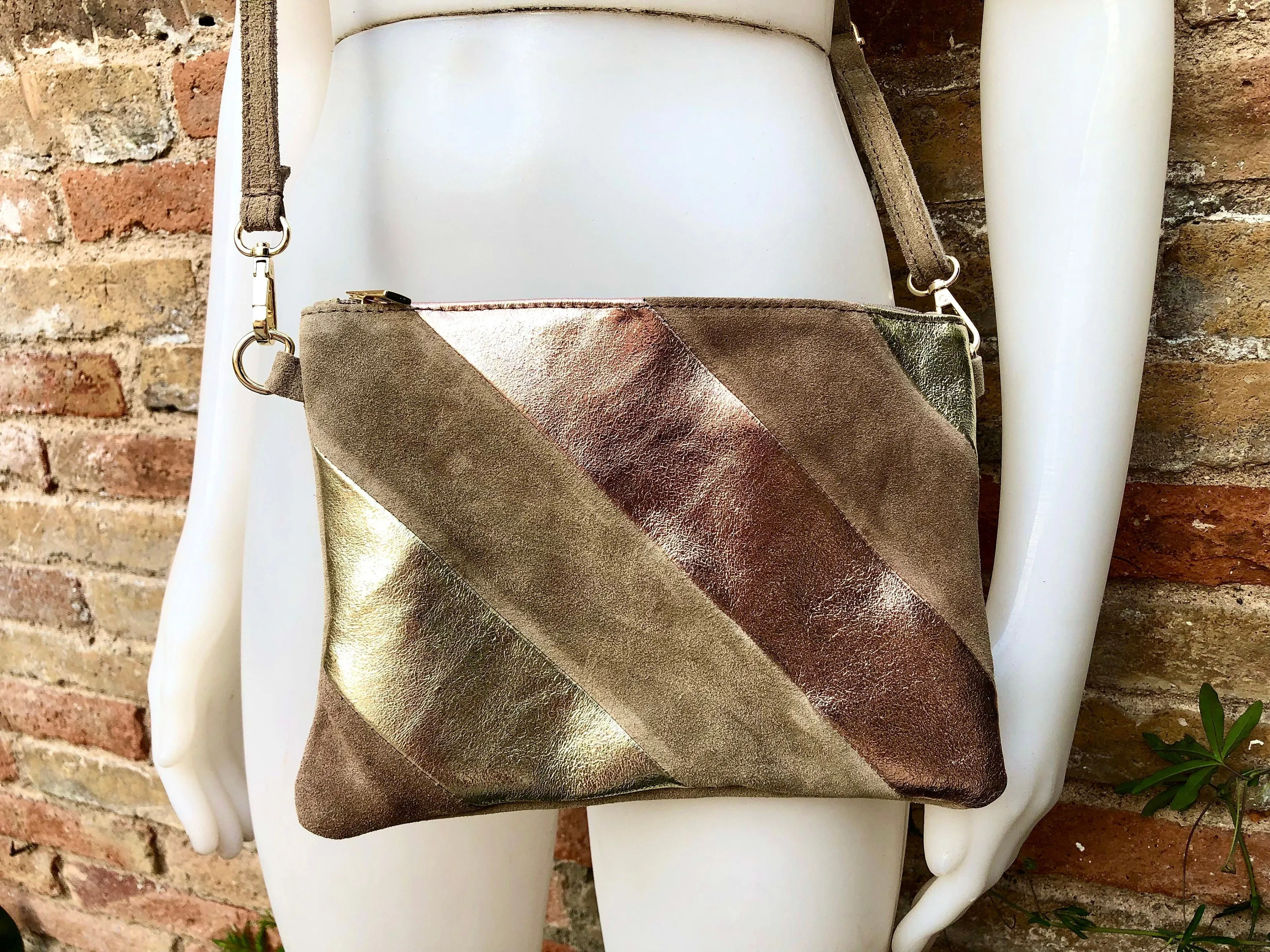 Leather bag and wrap belt set in metallic shine leather.Gold, beige  and pink crosbody or shoulder bag   obi waist belt. Disco 70s purse