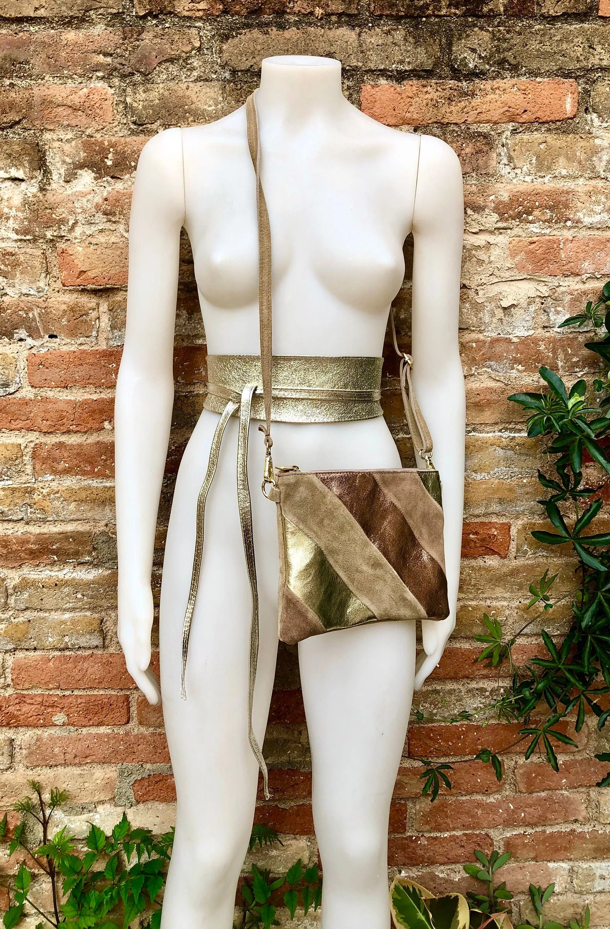 Leather bag and wrap belt set in metallic shine leather.Gold, beige  and pink crosbody or shoulder bag   obi waist belt. Disco 70s purse