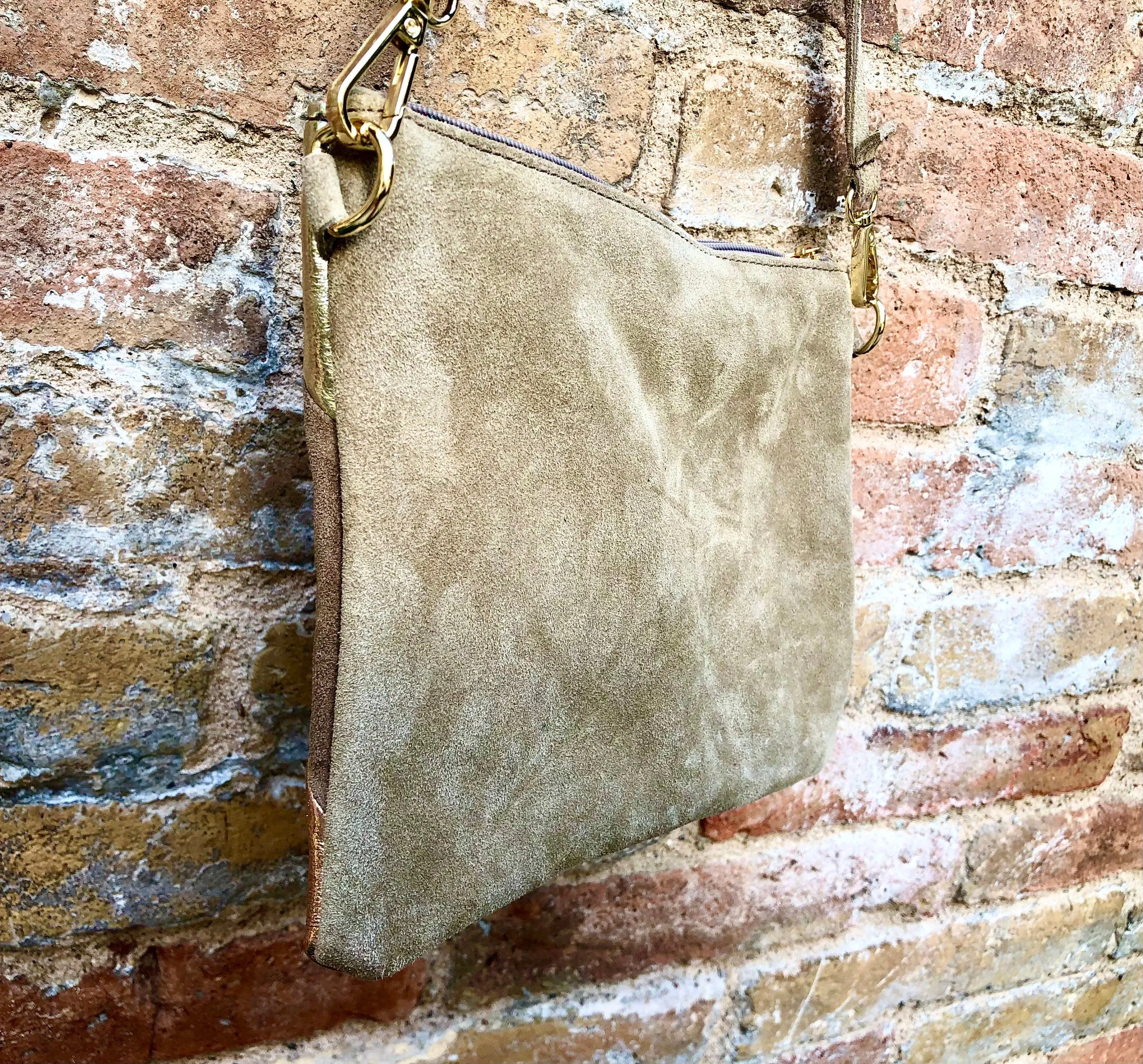 Leather bag and wrap belt set in metallic shine leather.Gold, beige  and pink crosbody or shoulder bag   obi waist belt. Disco 70s purse