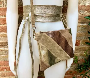 Leather bag and wrap belt set in metallic shine leather.Gold, beige  and pink crosbody or shoulder bag   obi waist belt. Disco 70s purse