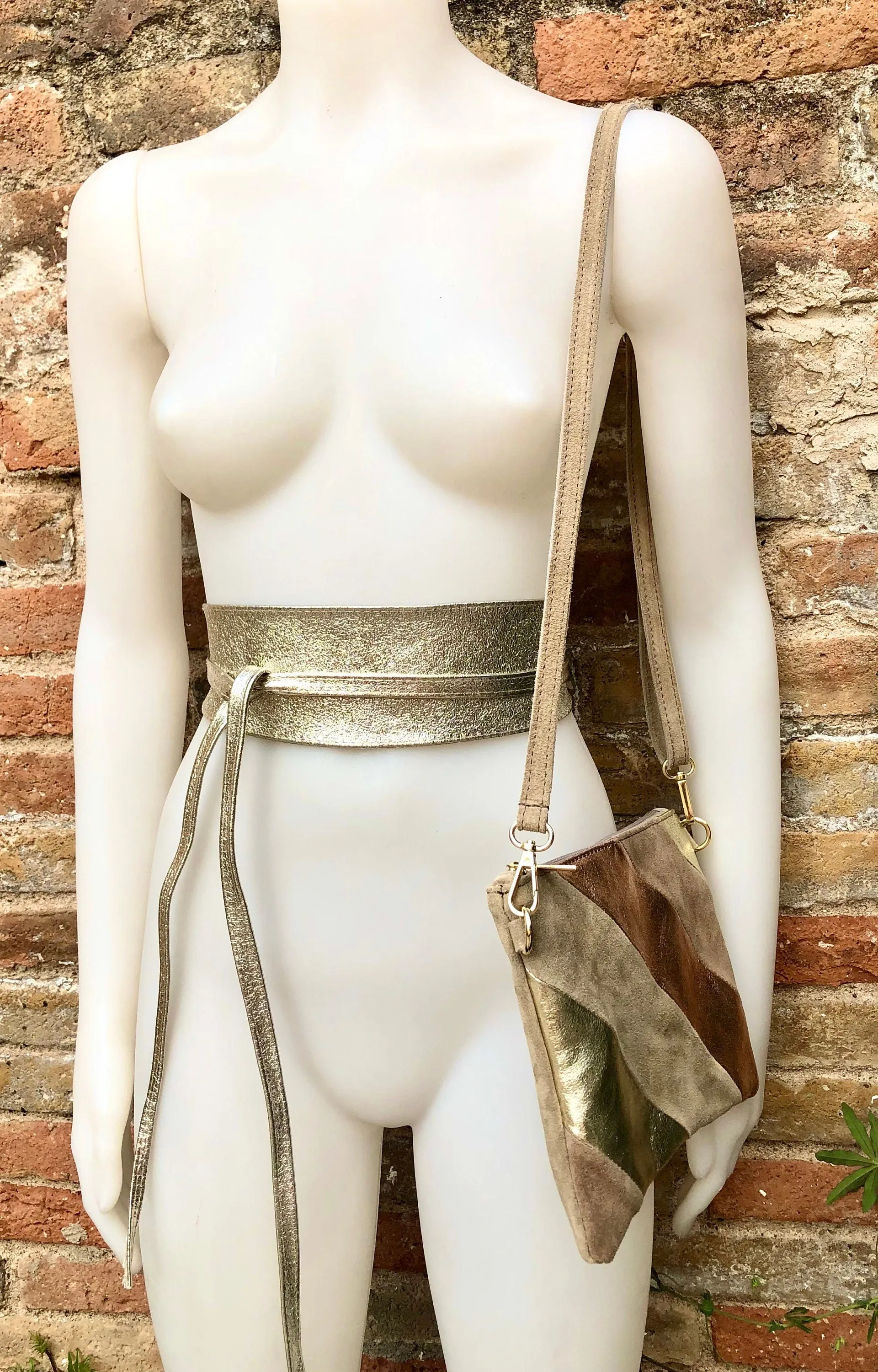 Leather bag and wrap belt set in metallic shine leather.Gold, beige  and pink crosbody or shoulder bag   obi waist belt. Disco 70s purse