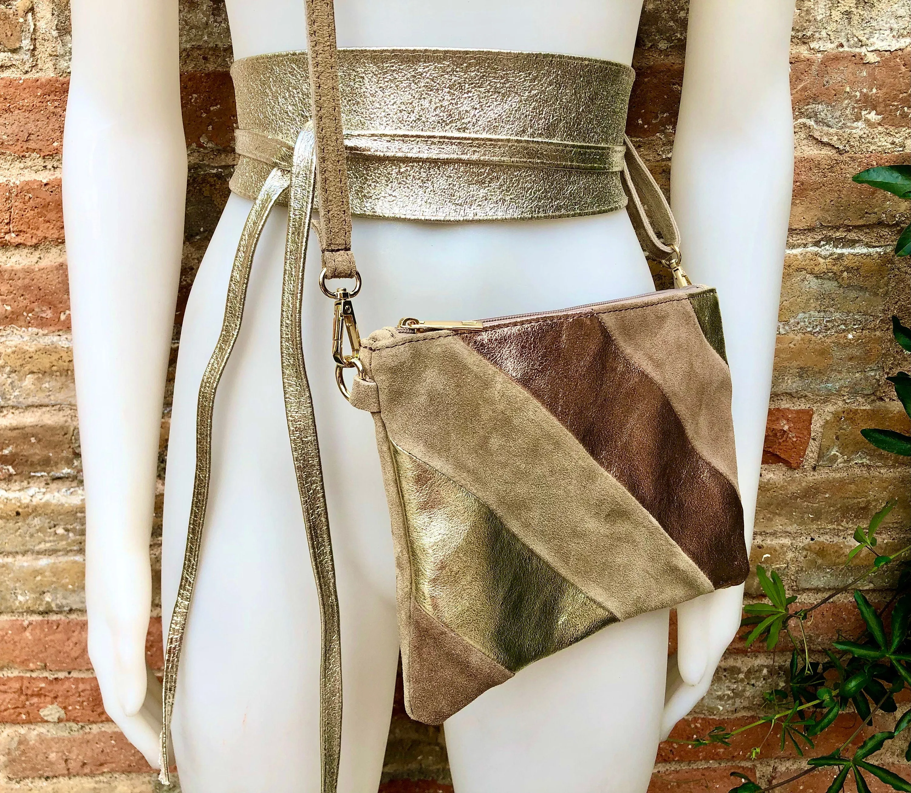 Leather bag and wrap belt set in metallic shine leather.Gold, beige  and pink crosbody or shoulder bag   obi waist belt. Disco 70s purse