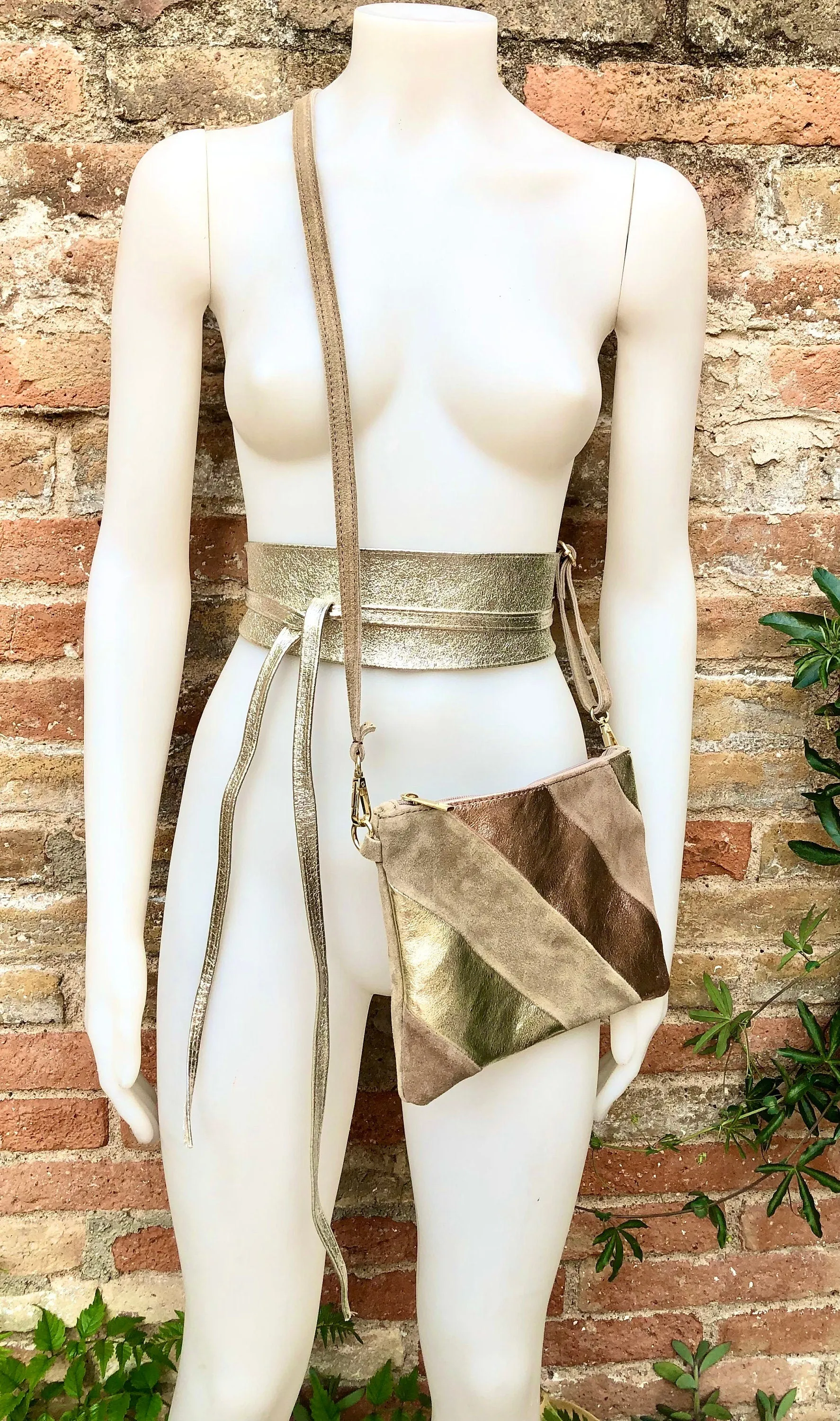 Leather bag and wrap belt set in metallic shine leather.Gold, beige  and pink crosbody or shoulder bag   obi waist belt. Disco 70s purse
