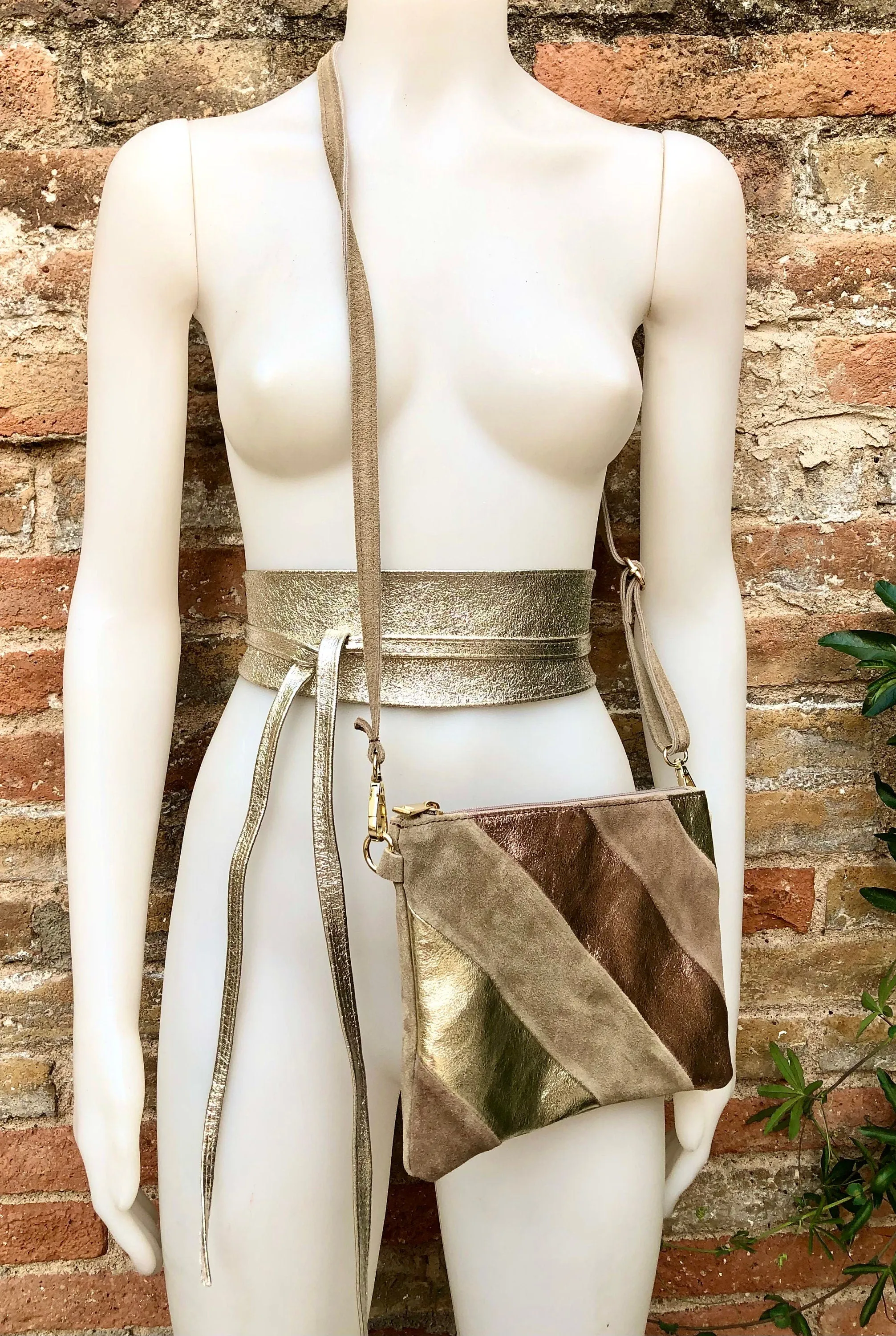 Leather bag and wrap belt set in metallic shine leather.Gold, beige  and pink crosbody or shoulder bag   obi waist belt. Disco 70s purse