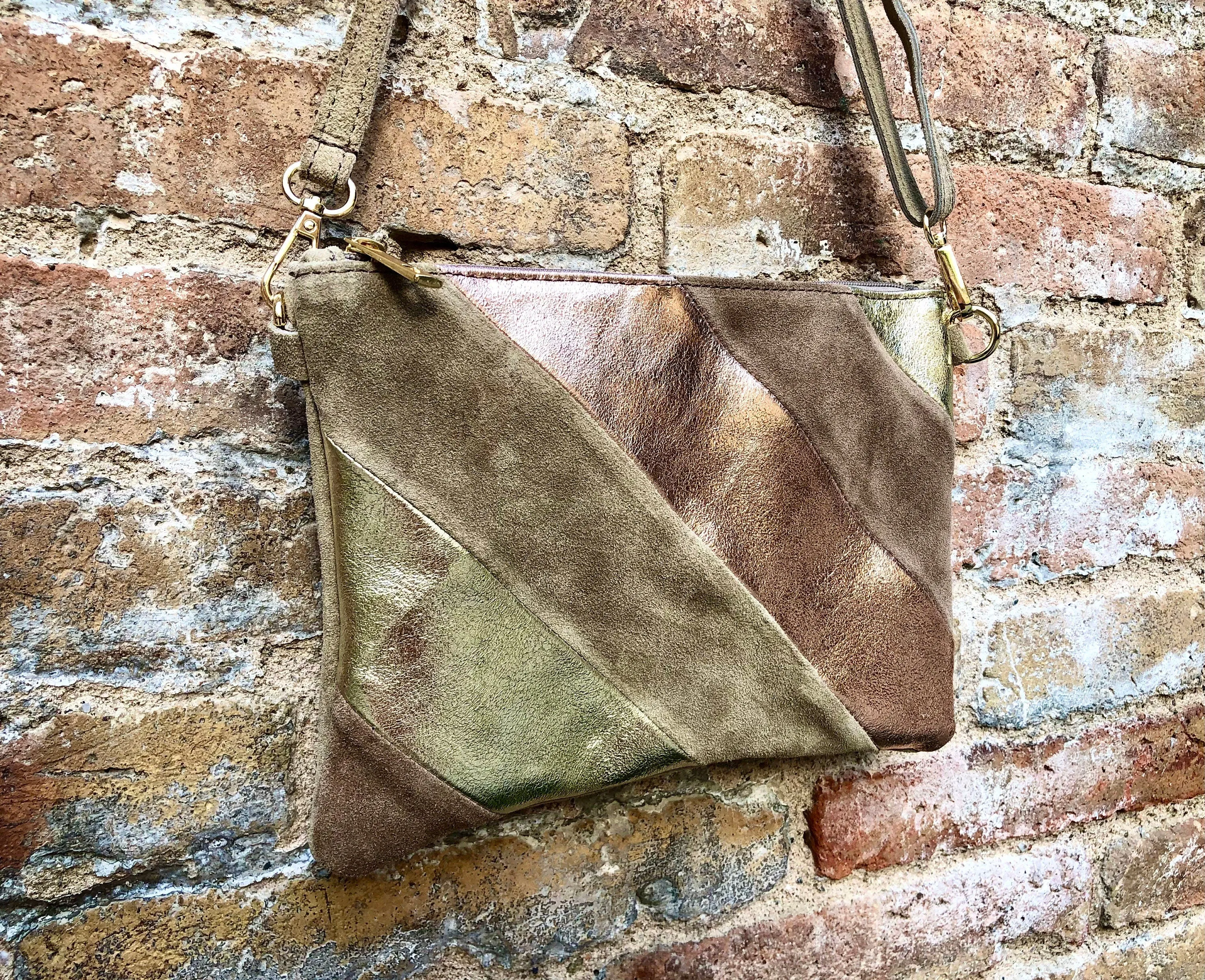 Leather bag and wrap belt set in metallic shine leather.Gold, beige  and pink crosbody or shoulder bag   obi waist belt. Disco 70s purse