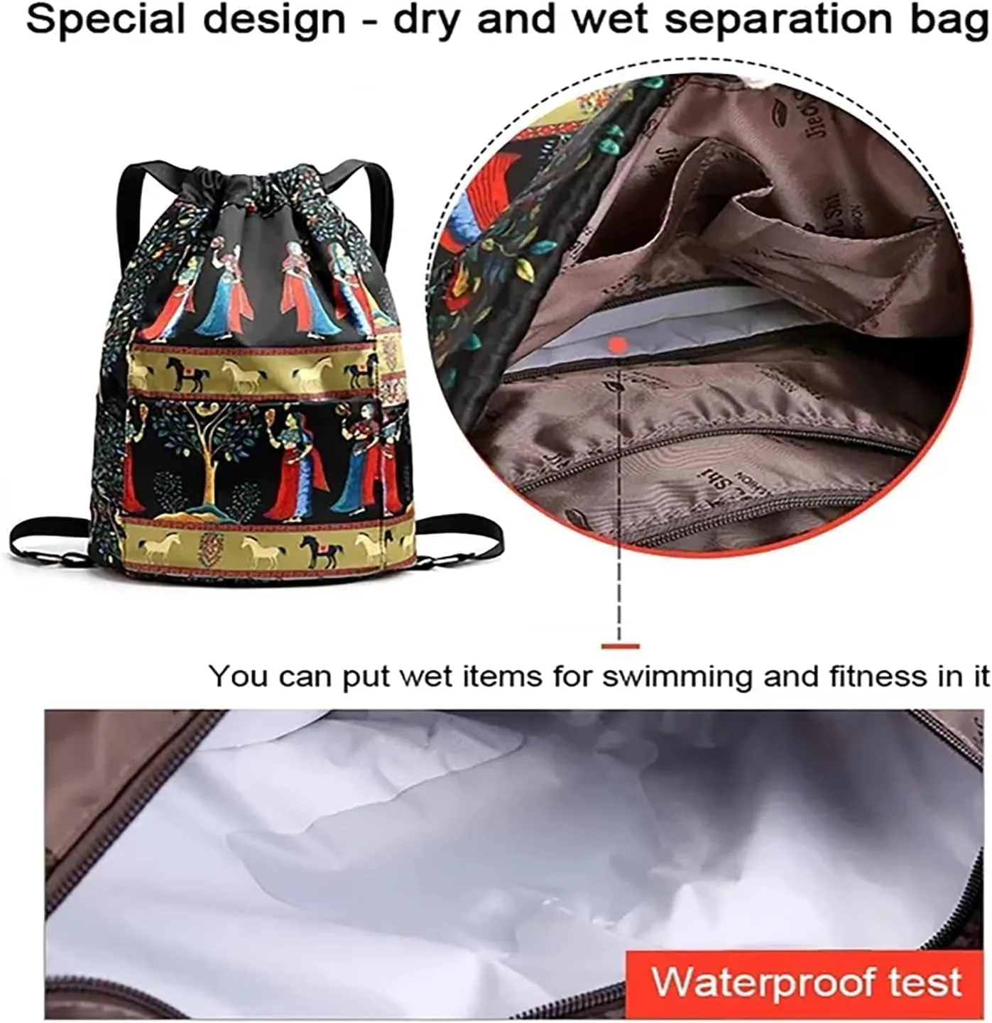 Lilyasion Drawstring Backpack, Drawstring Foldable Large Capacity Dry-Wet Separation Travel Sports Backpack (C)